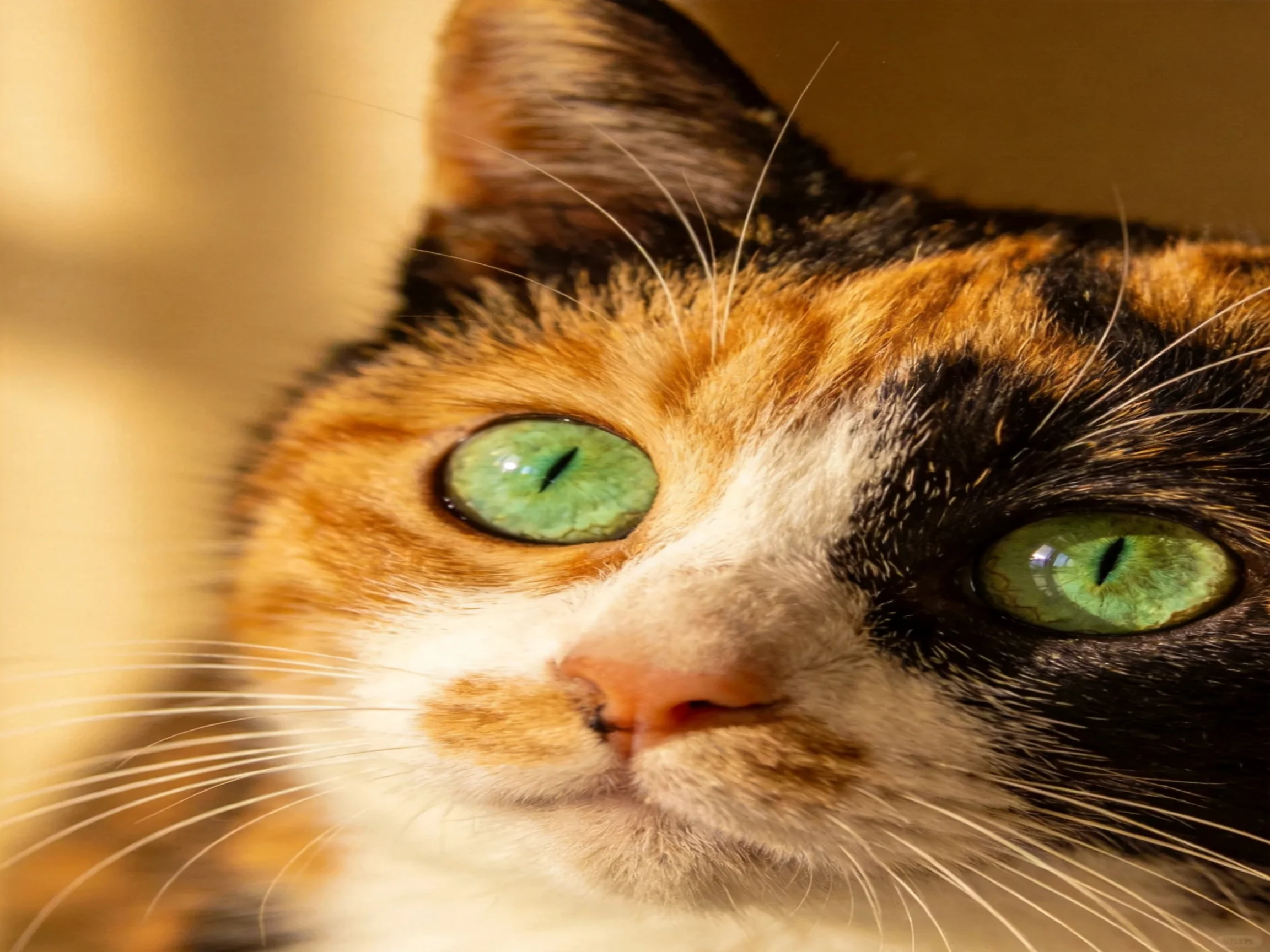 Close-up of a calico cat with striking green eyes