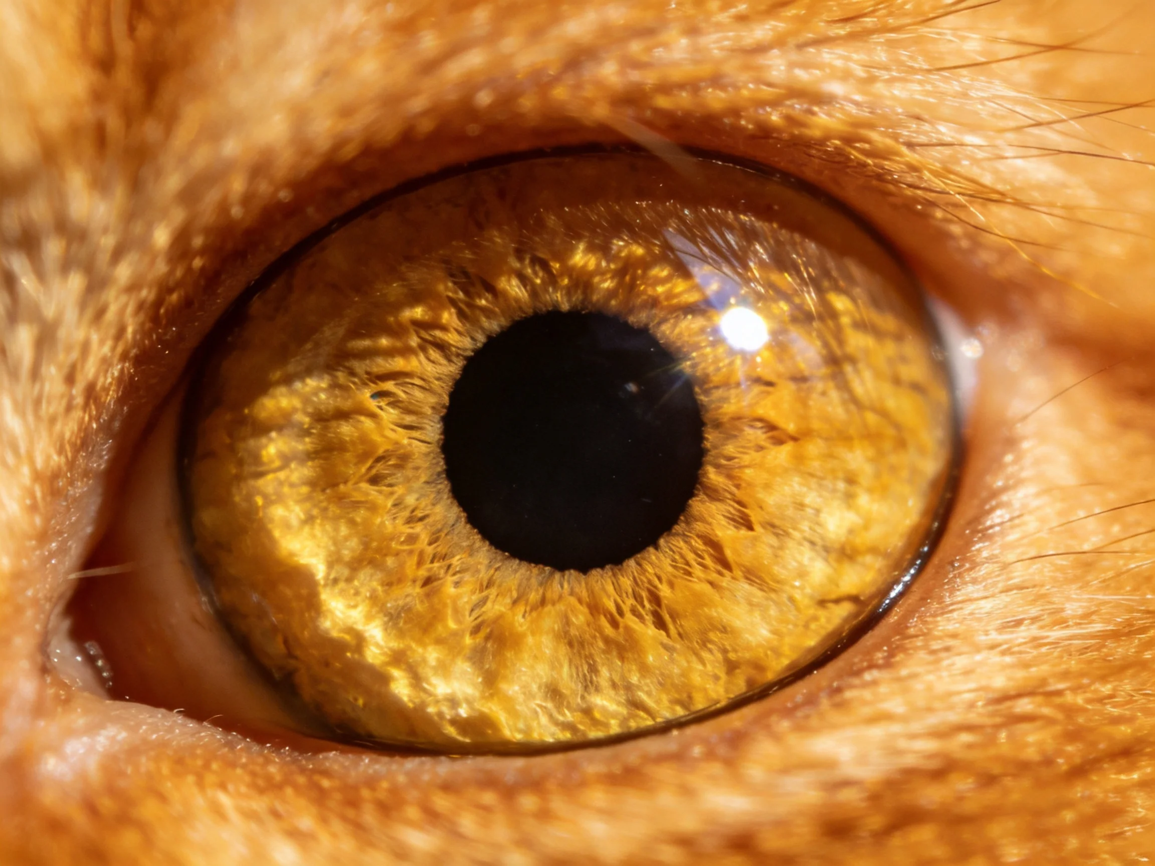 Close-up of a cat’s amber eye with detailed iris patterns