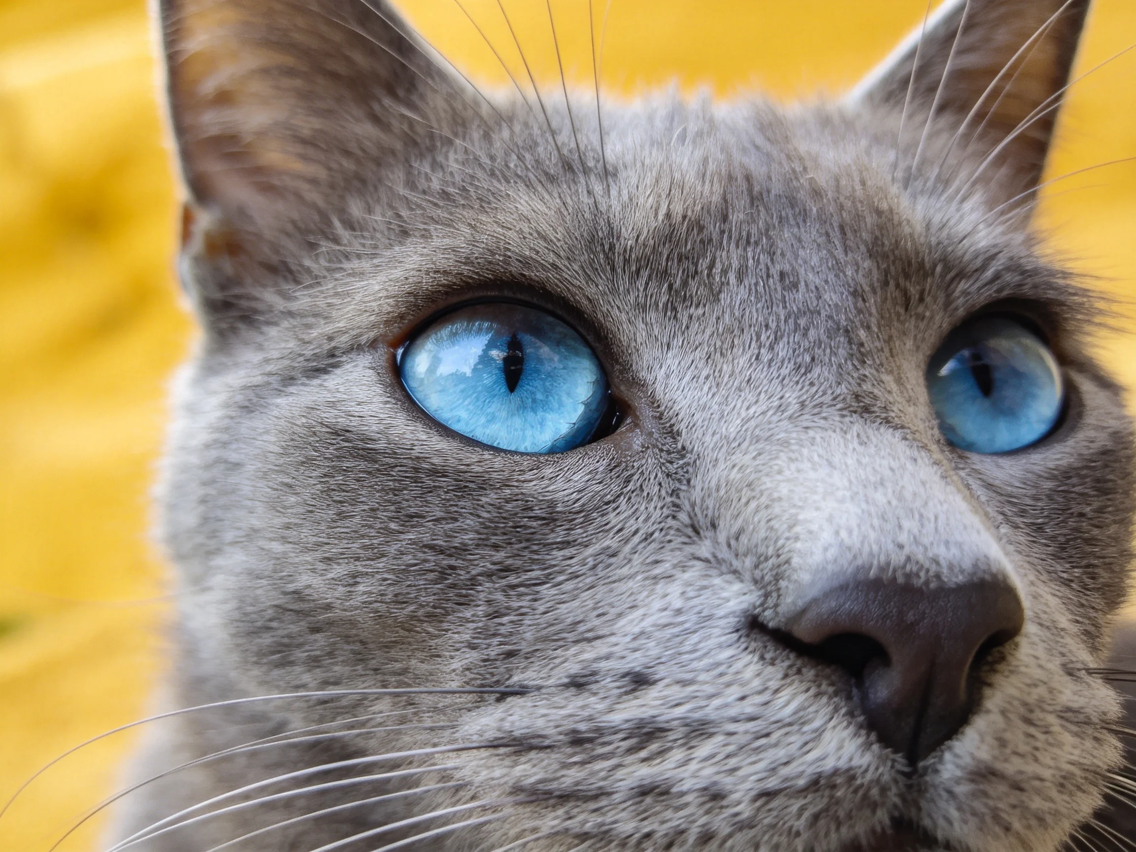 A gray cat with bright blue eyes is shown in a close-up photograph.