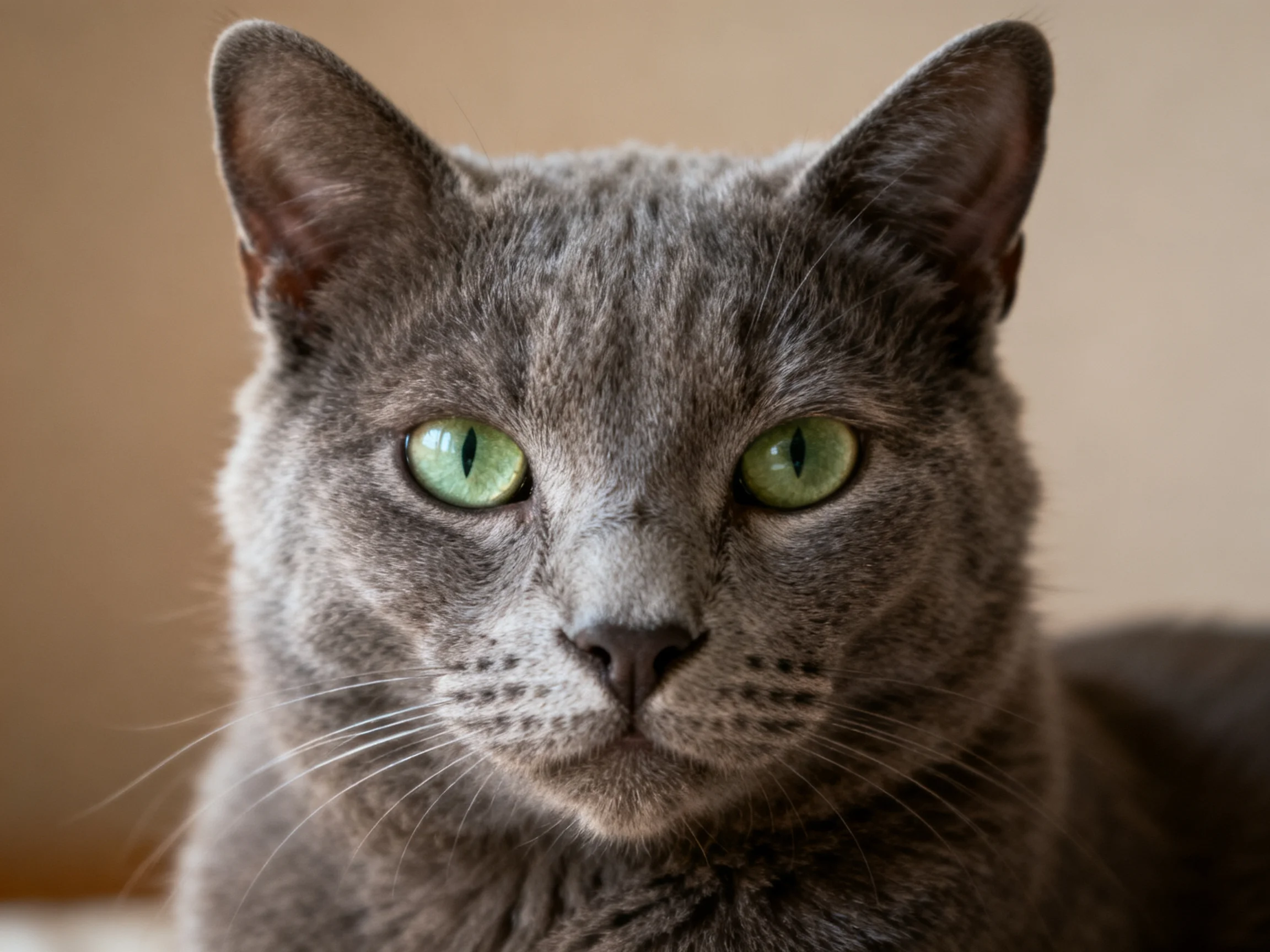 A gray cat with vivid green eyes is photographed up close.