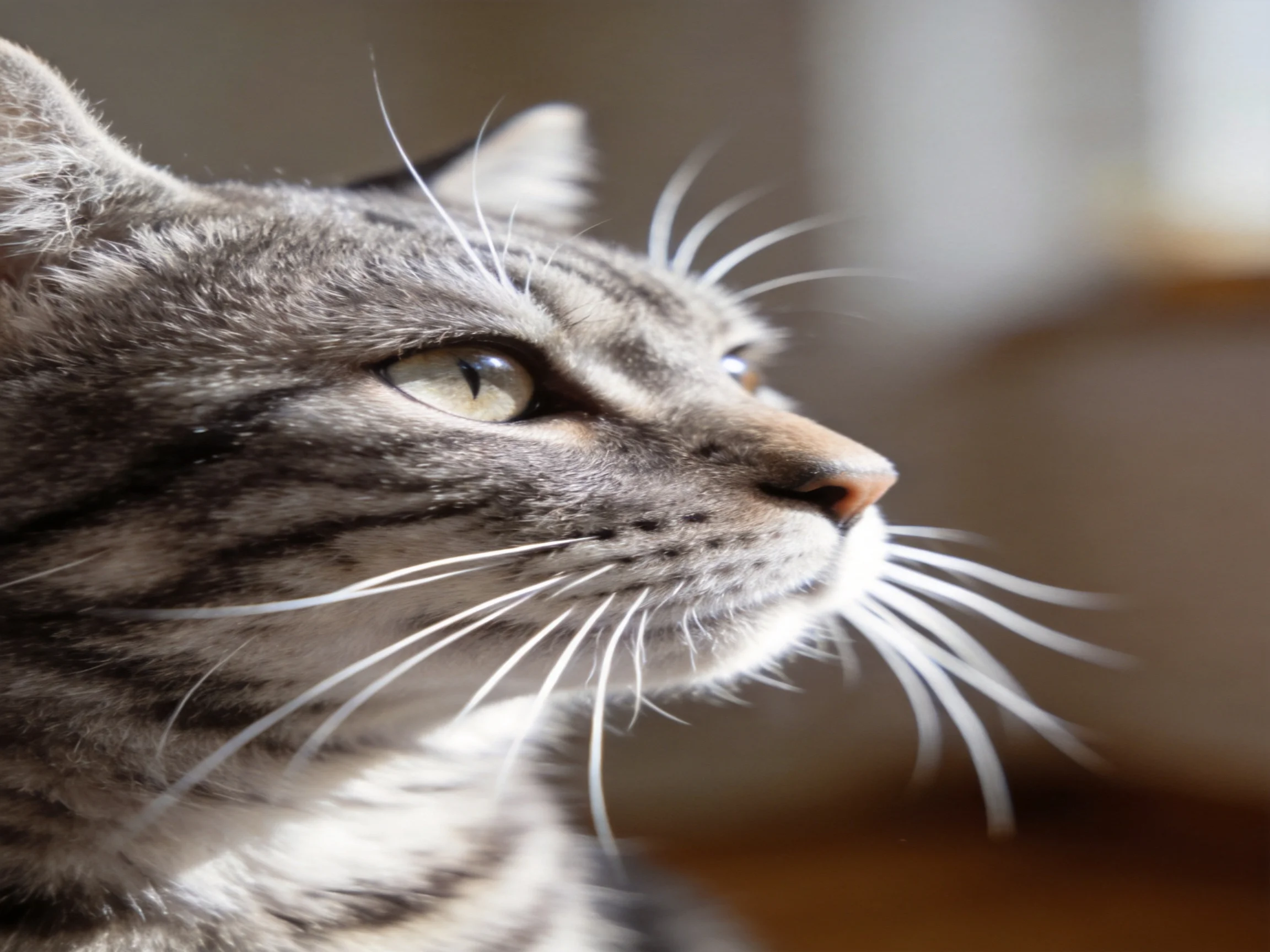 A close-up focuses on a gray tabby cat’s facial features.