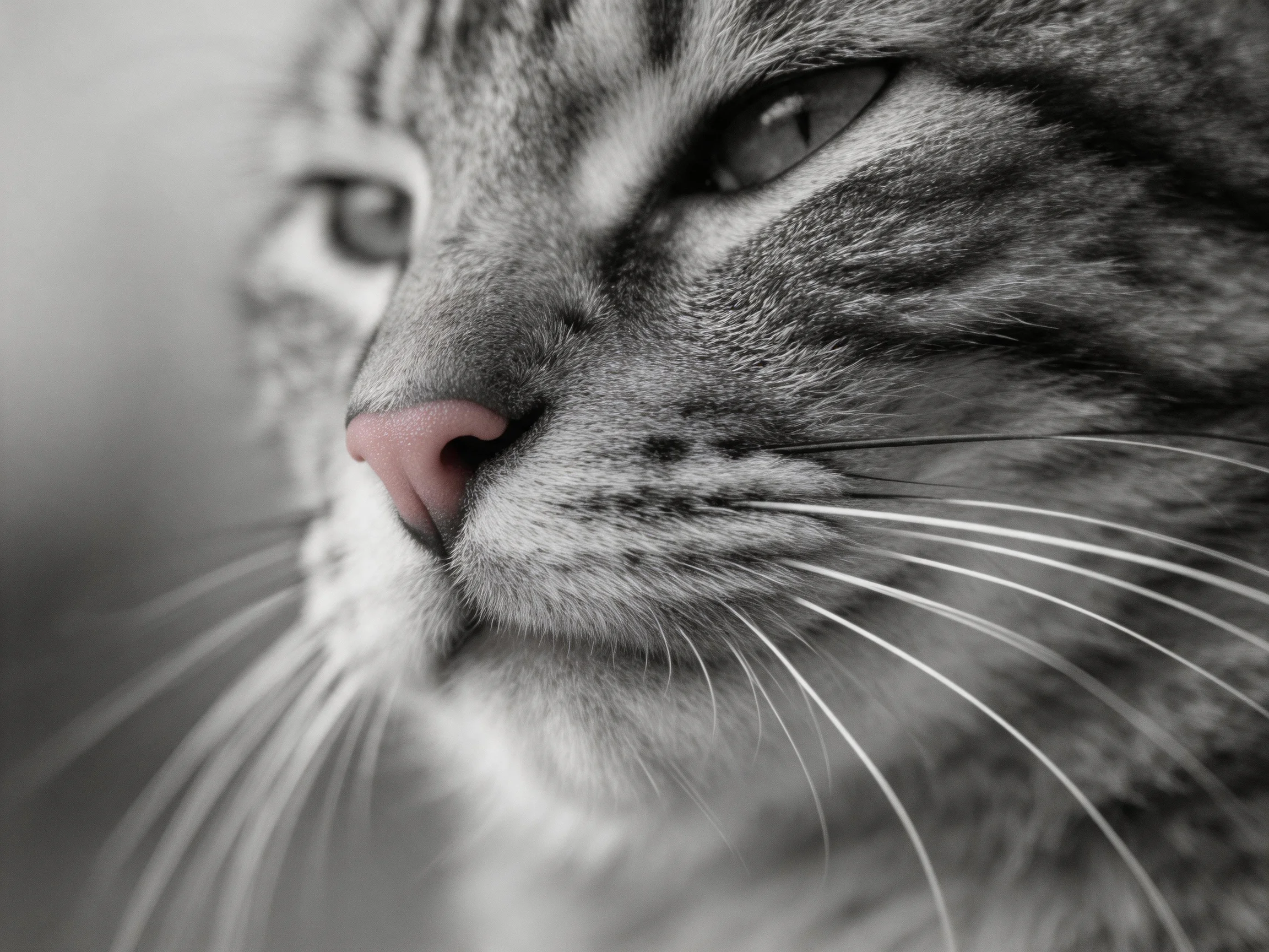 A close-up of a gray tabby cat’s face emphasizes its whiskers and facial features.