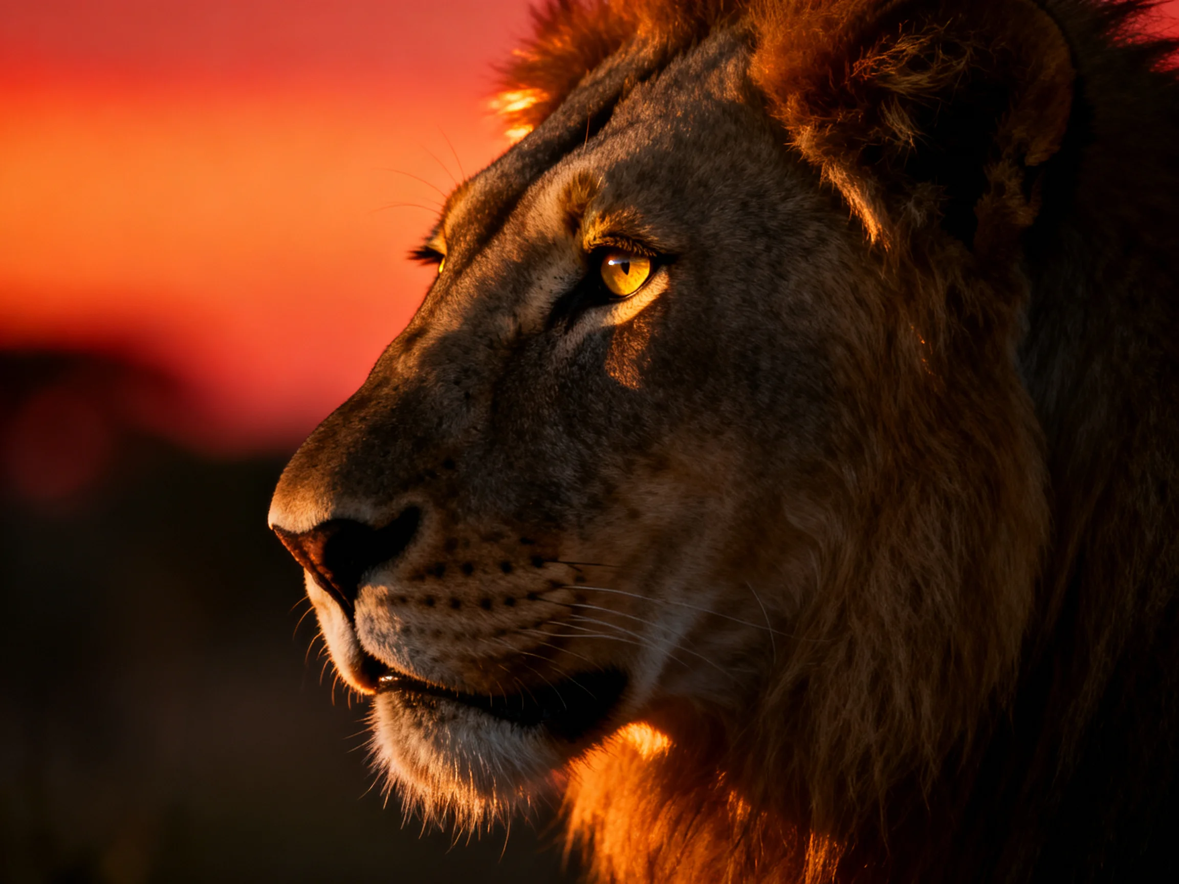 Close-up of a lion illuminated by vibrant orange-red sunset