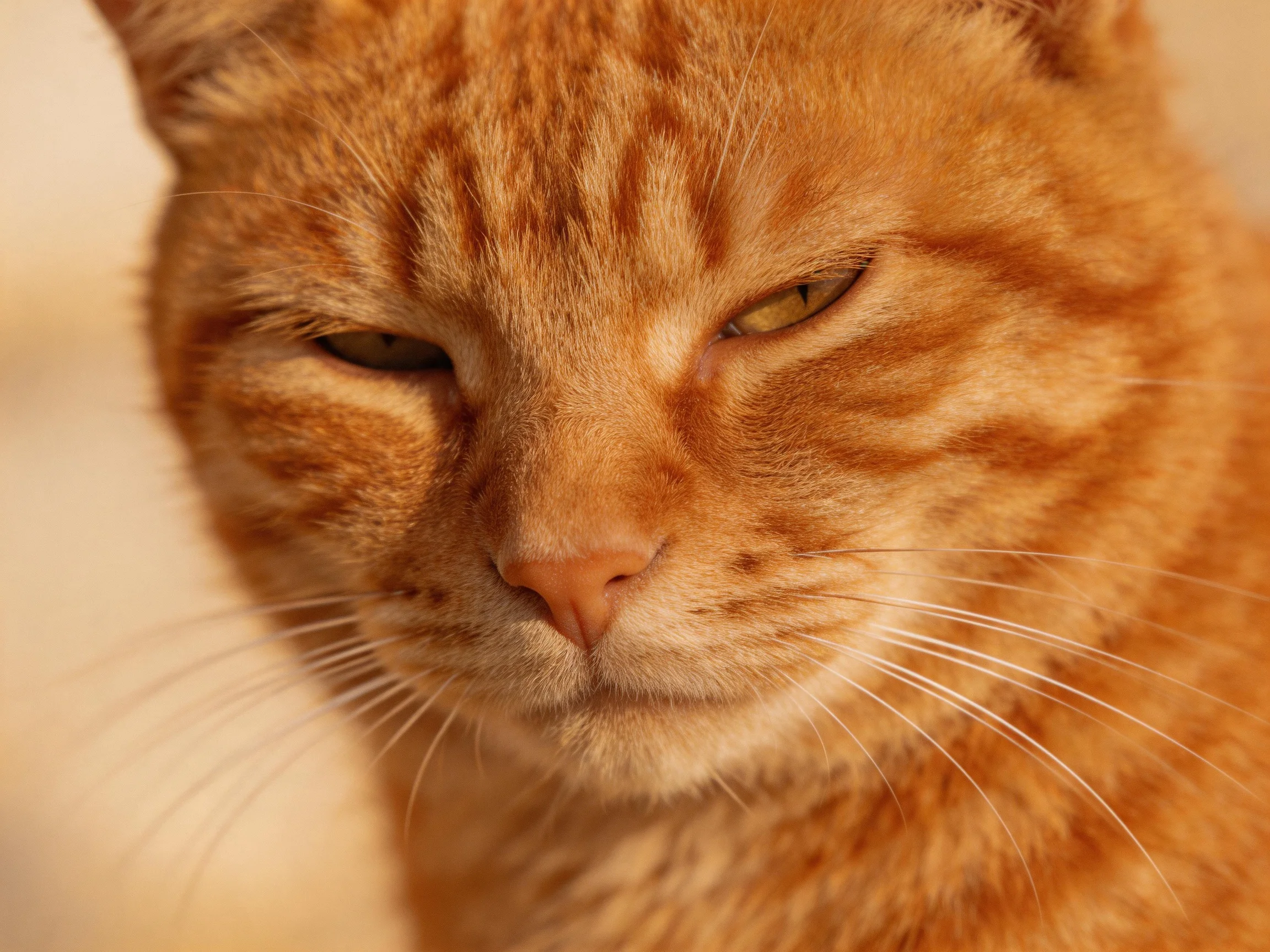 Close-up of a relaxed orange tabby cat with distinct stripes