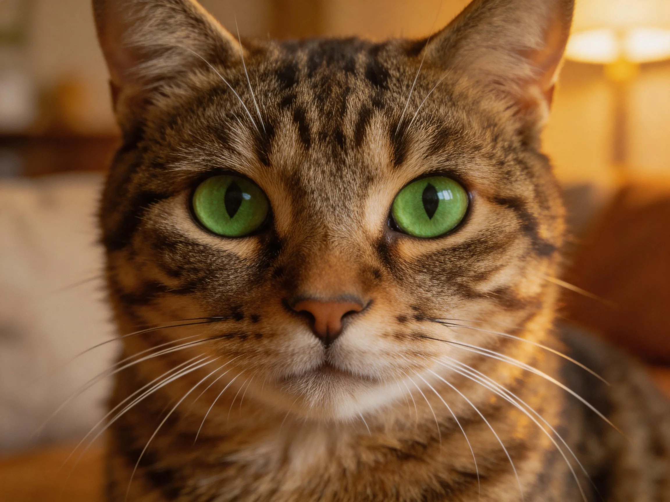 Tabby cat with bright green eyes photographed closely.