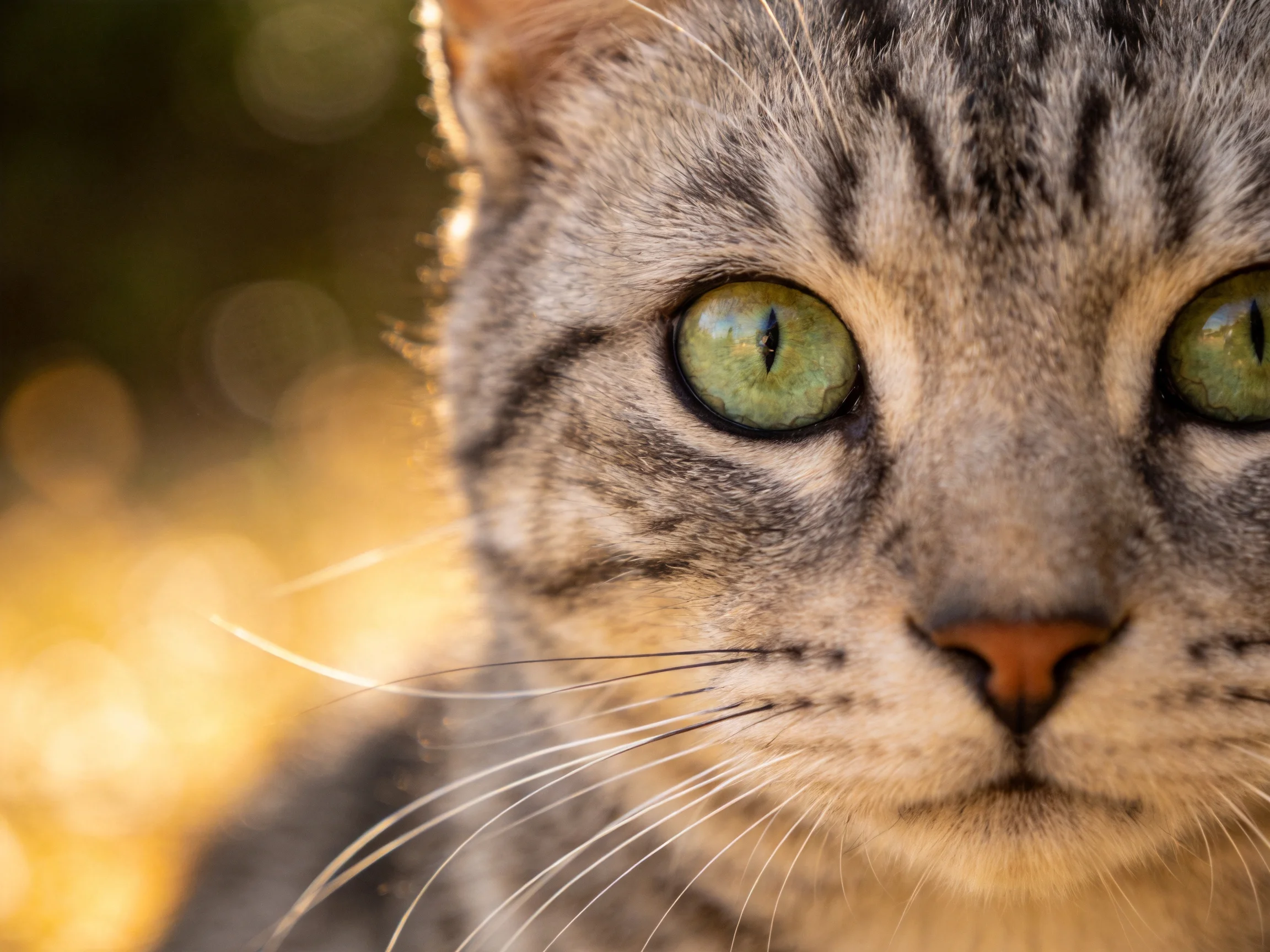 A close-up of a tabby cat with bright green eyes and striped fur patterns.