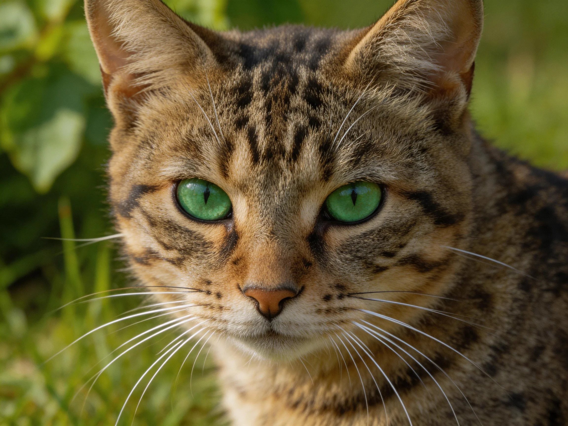A tabby cat with bright green eyes is photographed closely in nature.