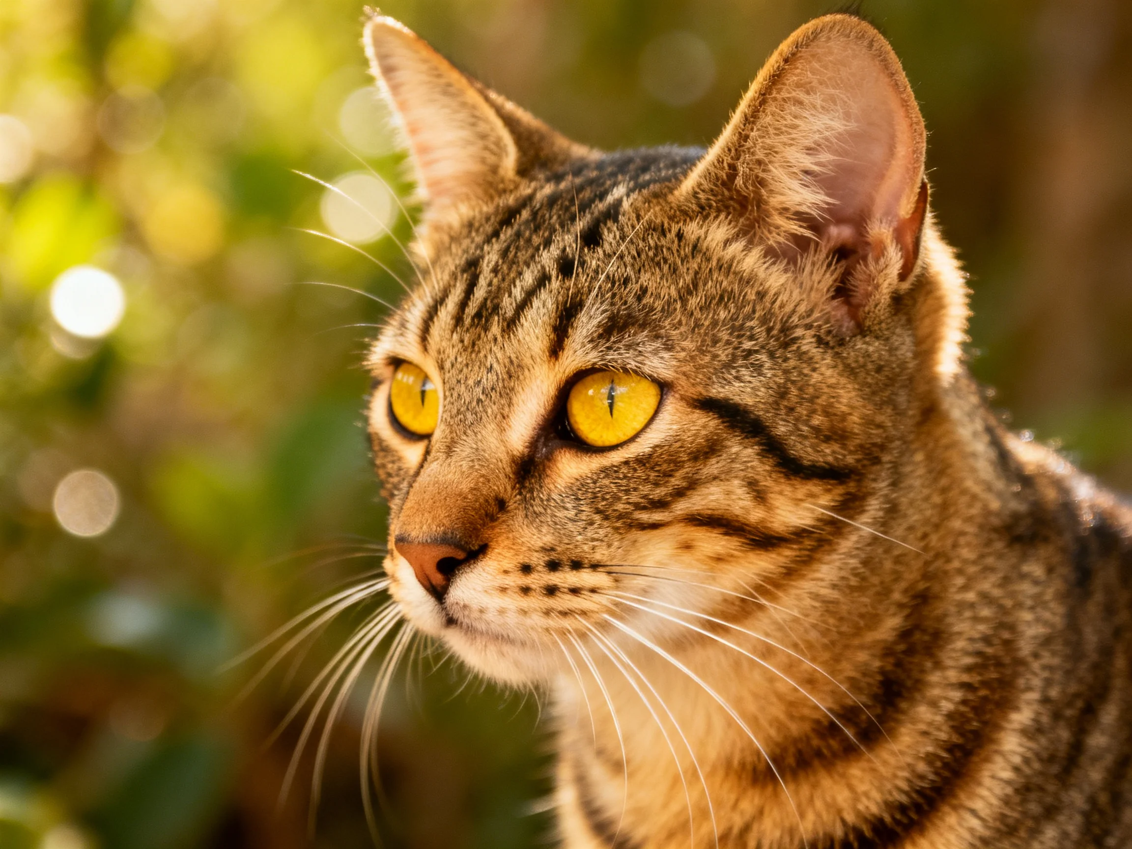 A tabby cat with bright yellow eyes looks attentively in a sunlit outdoor area.