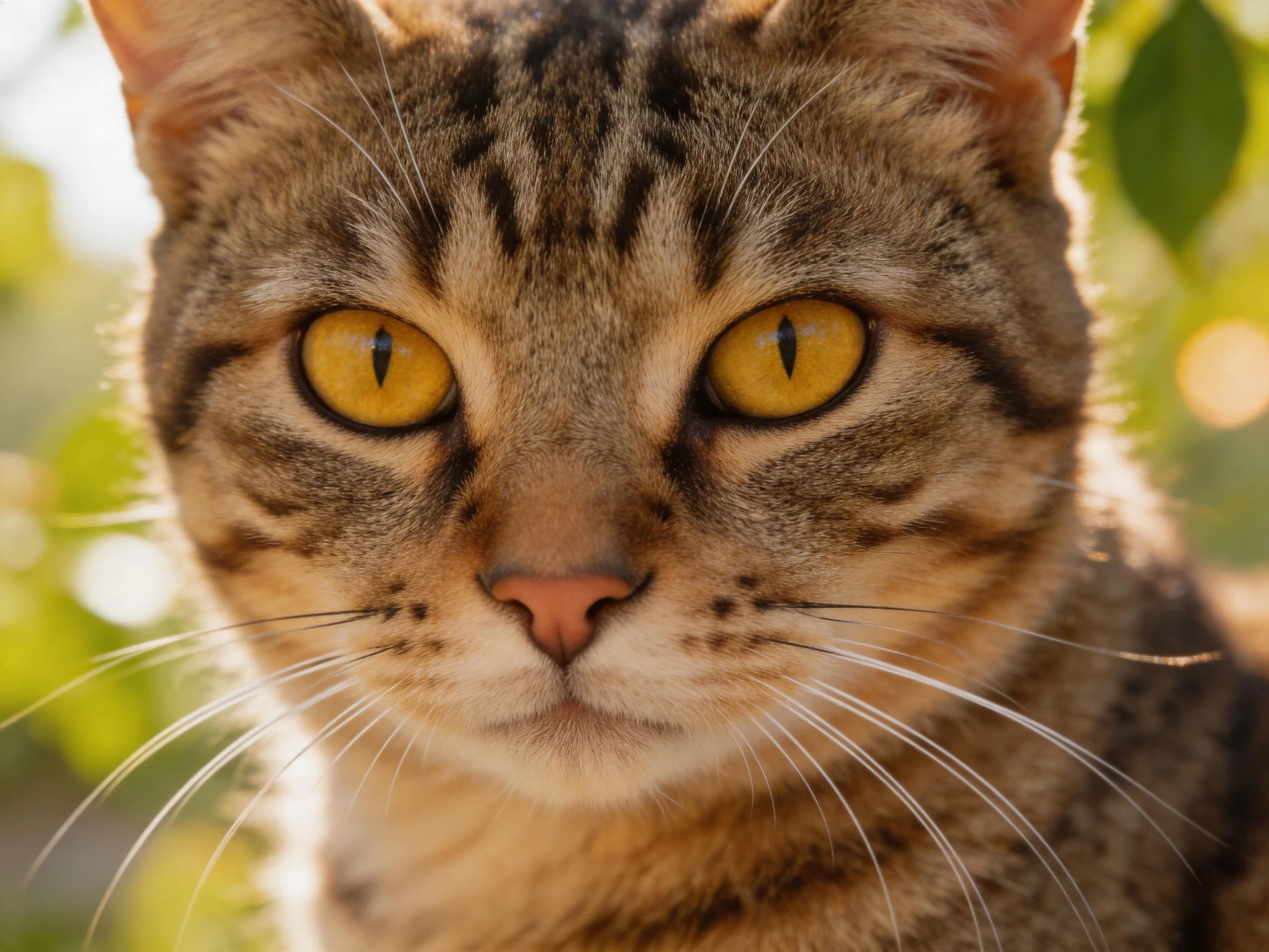 A tabby cat with bright yellow eyes is photographed up close in natural light.