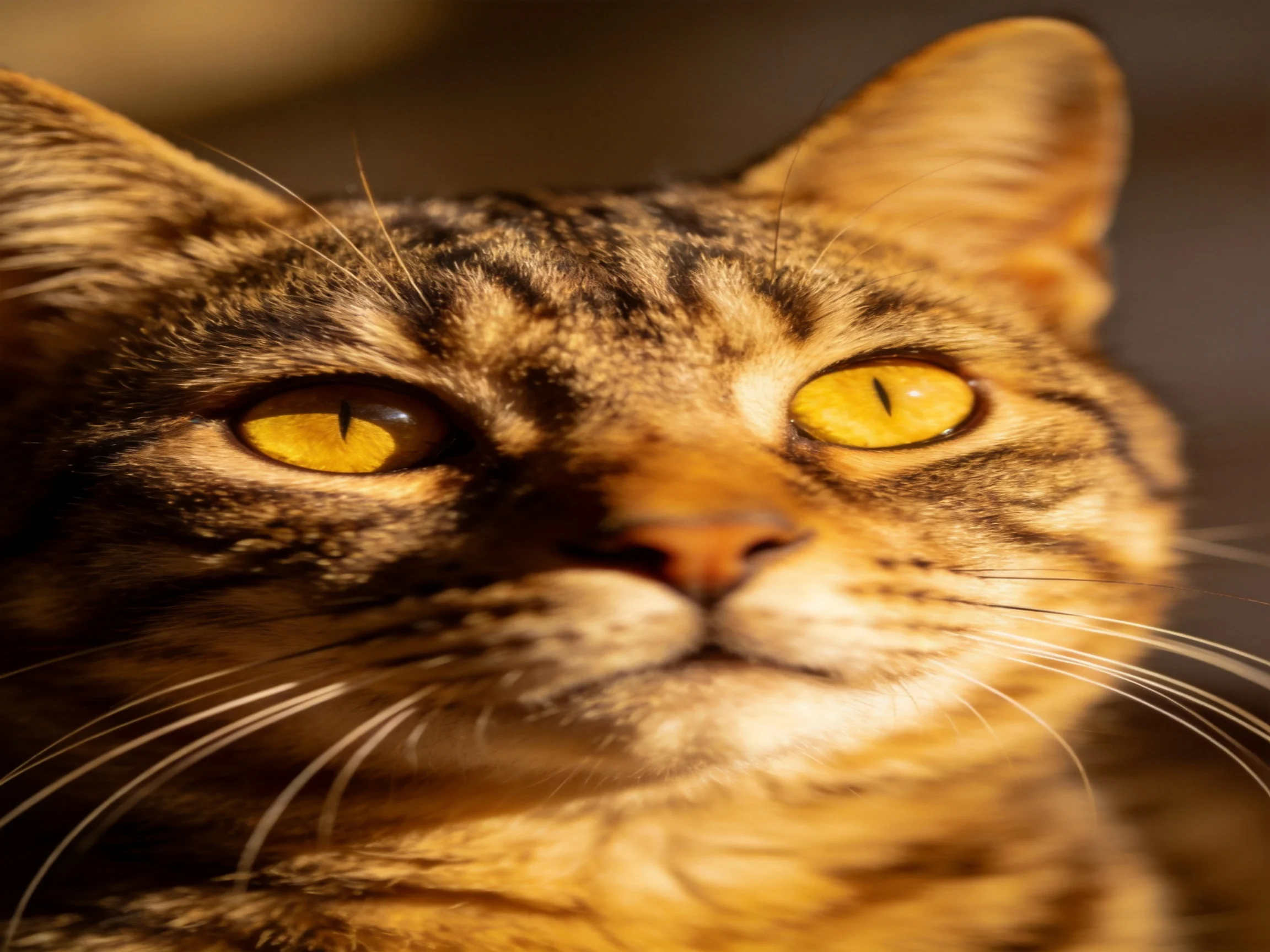 Close-up of a tabby cat with vibrant amber eyes