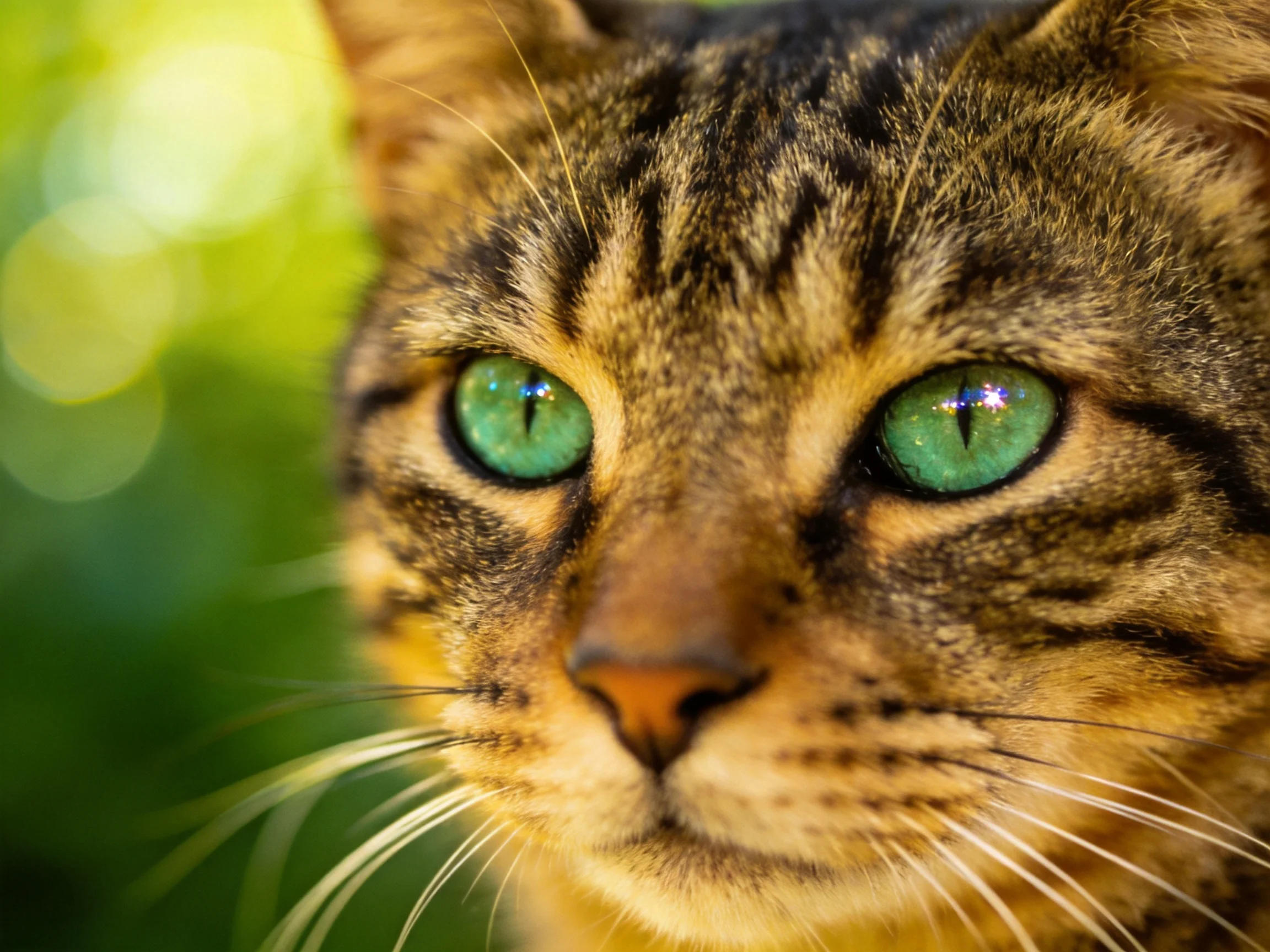 A close-up of a tabby cat with bright green eyes showcases its detailed features.
