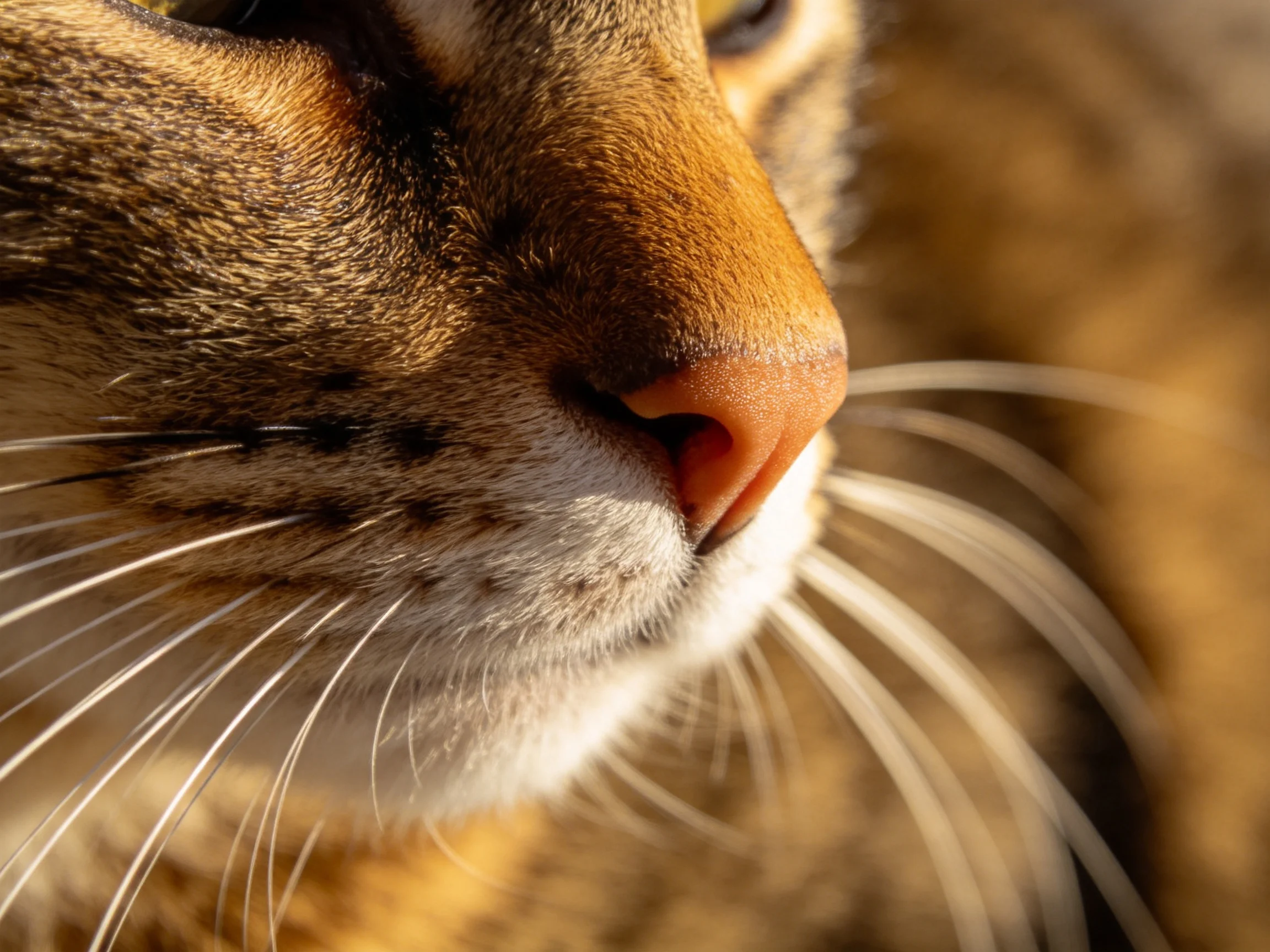 Close-up of a tabby cat’s nose and whiskers with warm-toned fur