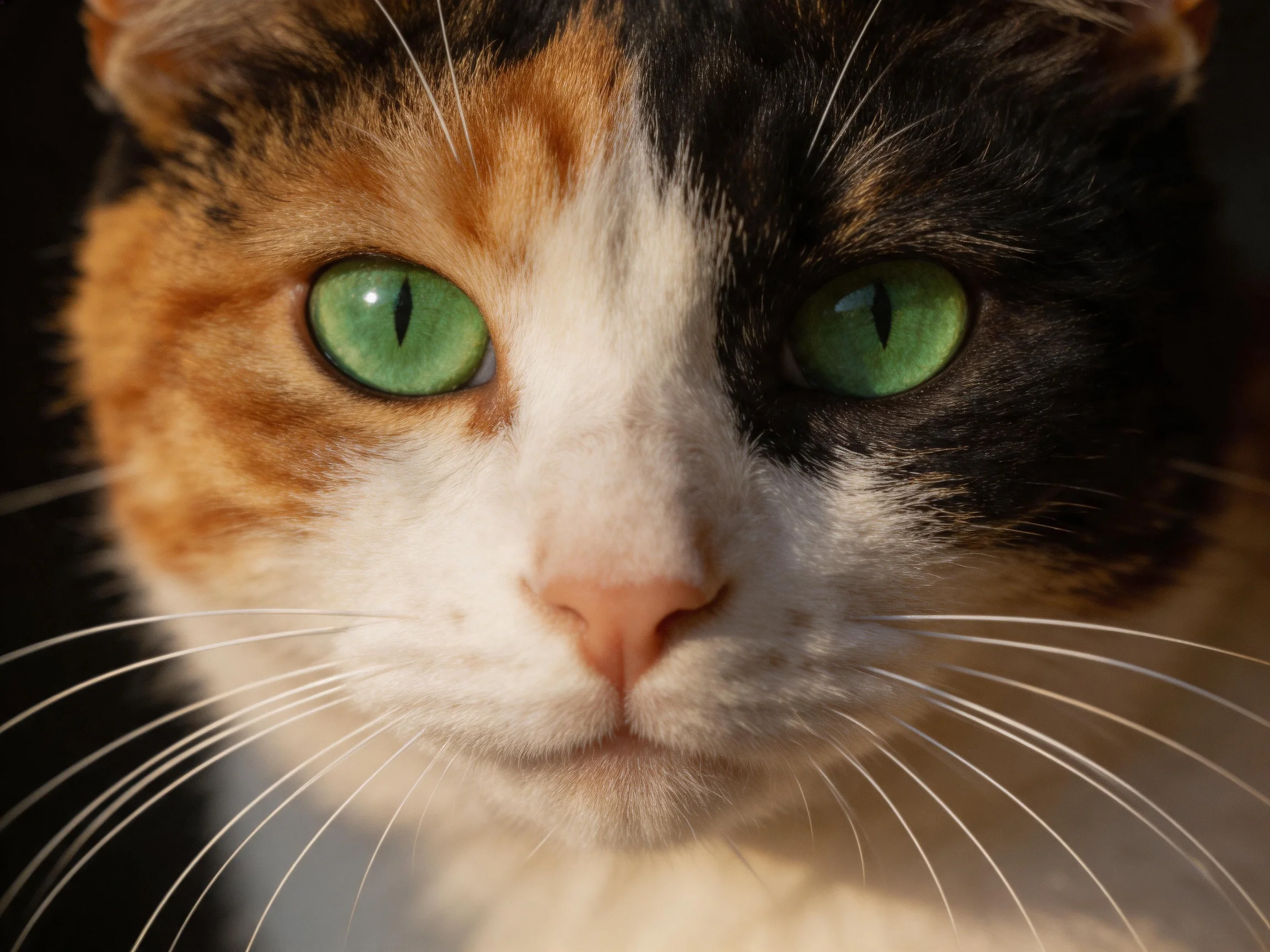 A tricolor cat with bright green eyes is shown in a close-up.