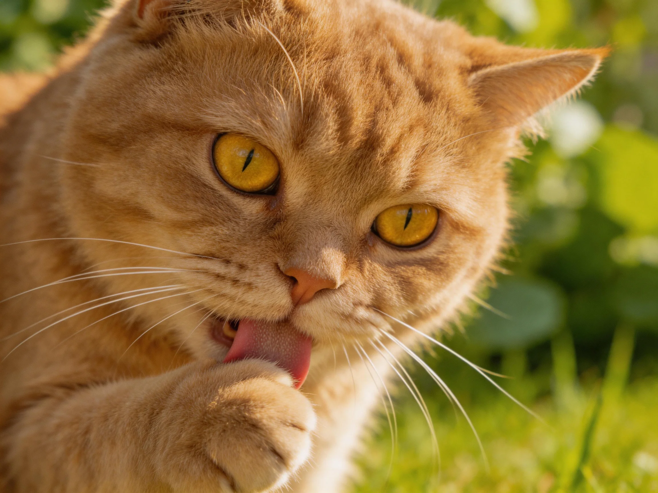 An orange tabby cat grooms itself outdoors.