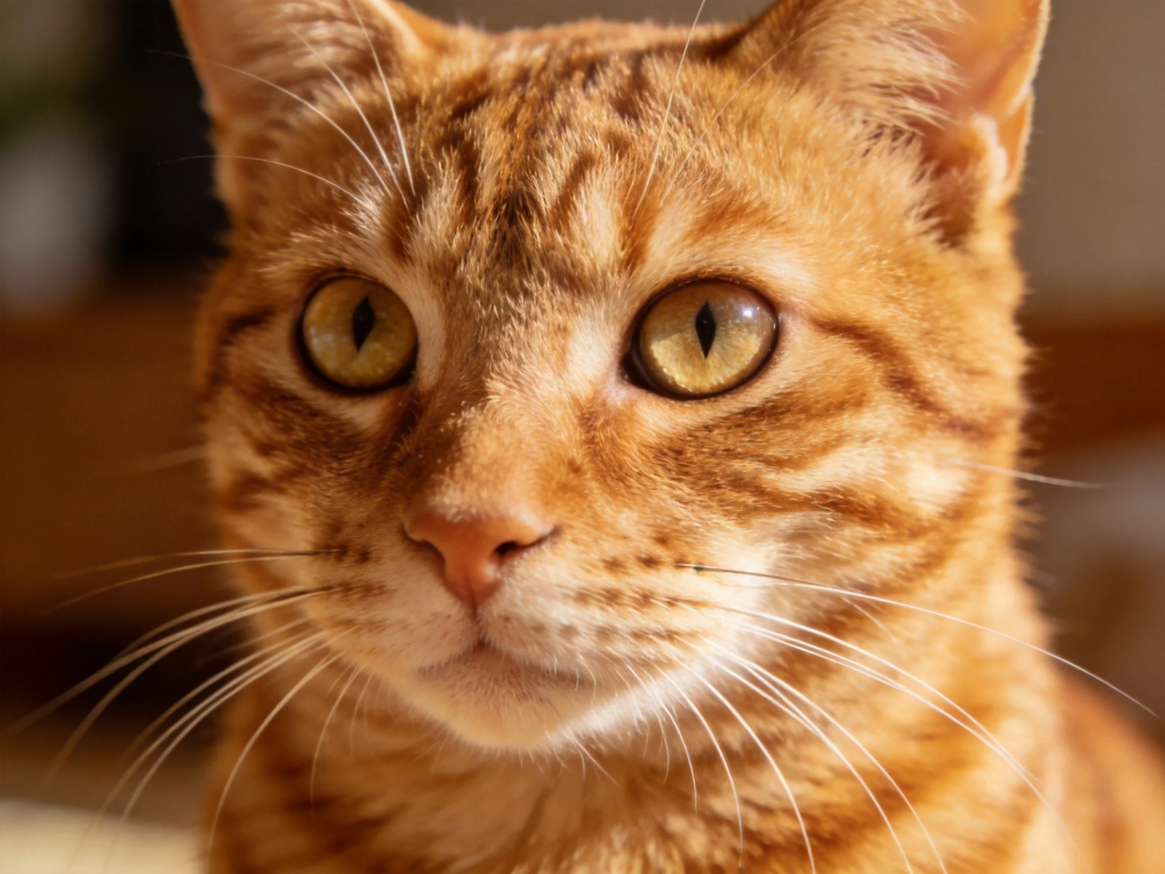 A close-up focuses on an orange tabby cat’s amber eyes and fur.
