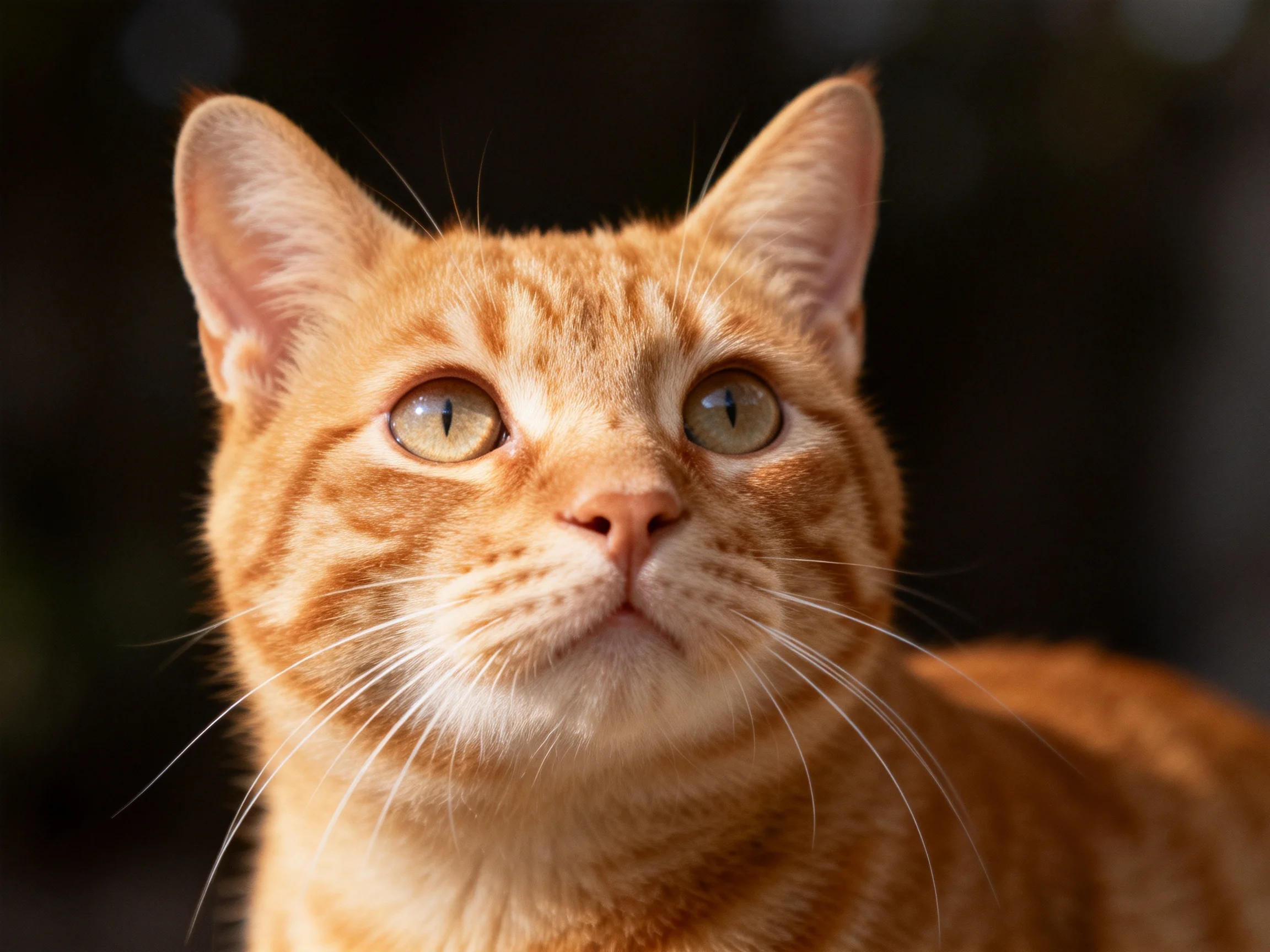 An orange tabby cat looks upward with wide green eyes.