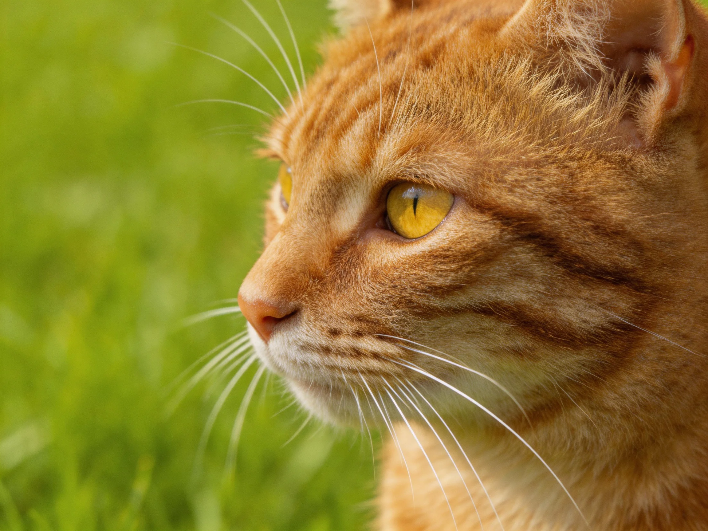 An orange tabby cat looks intently off-camera among lush green foliage.