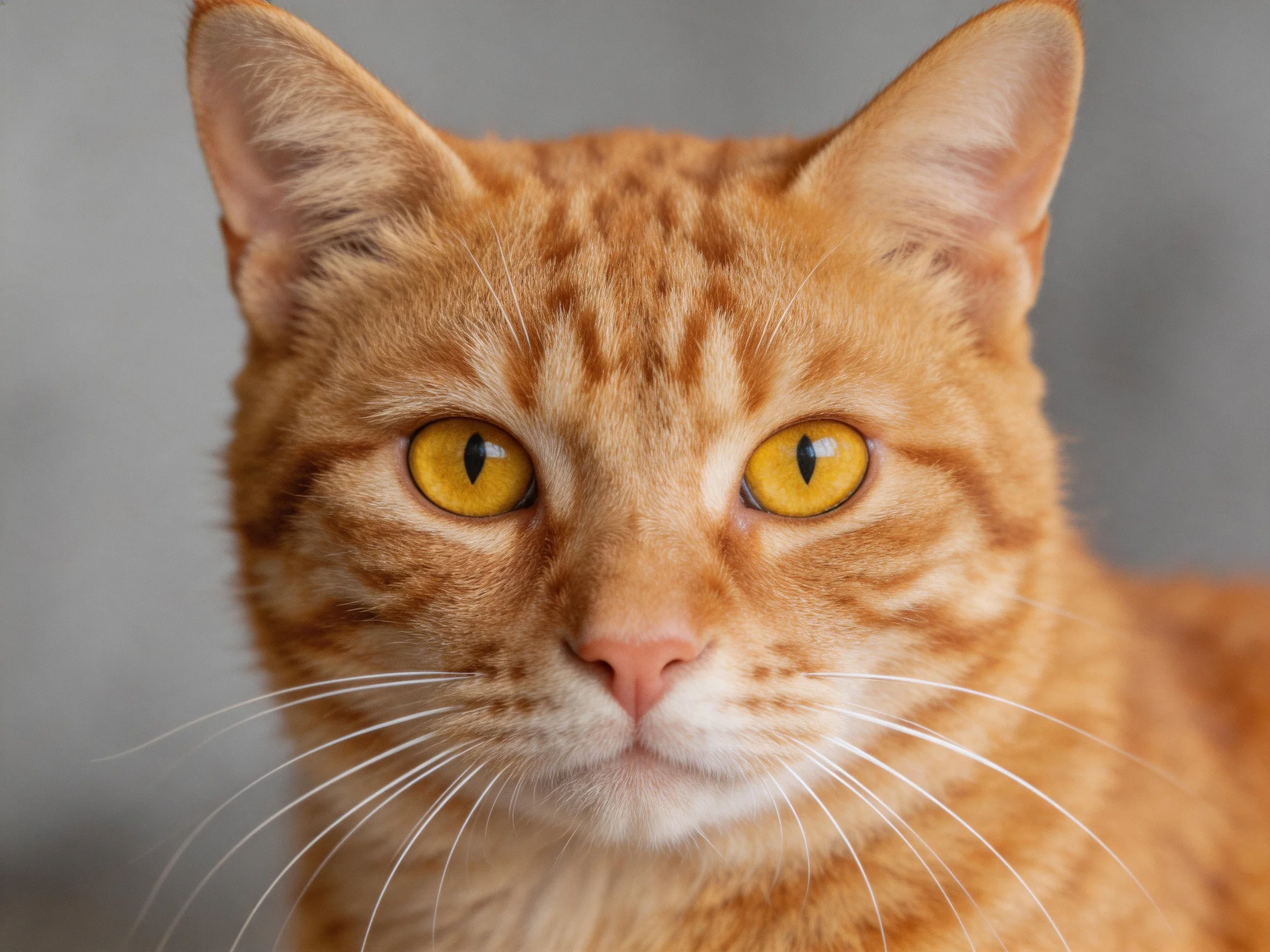 An orange tabby cat looks directly at the camera with bright yellow eyes