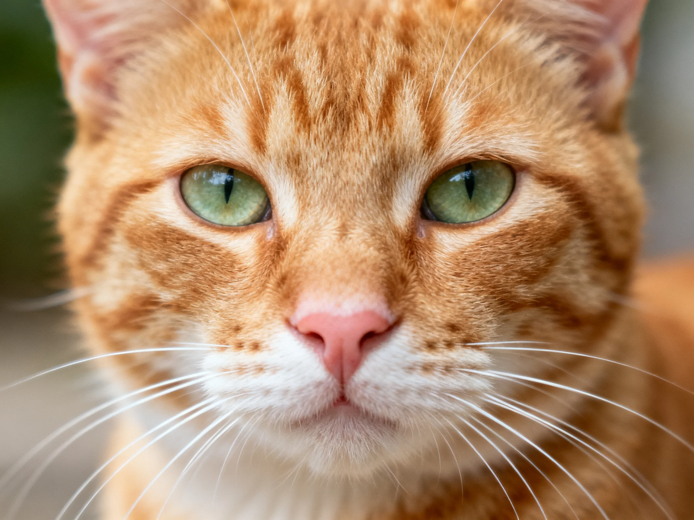 A close-up of an orange tabby cat with green eyes focuses on its face.