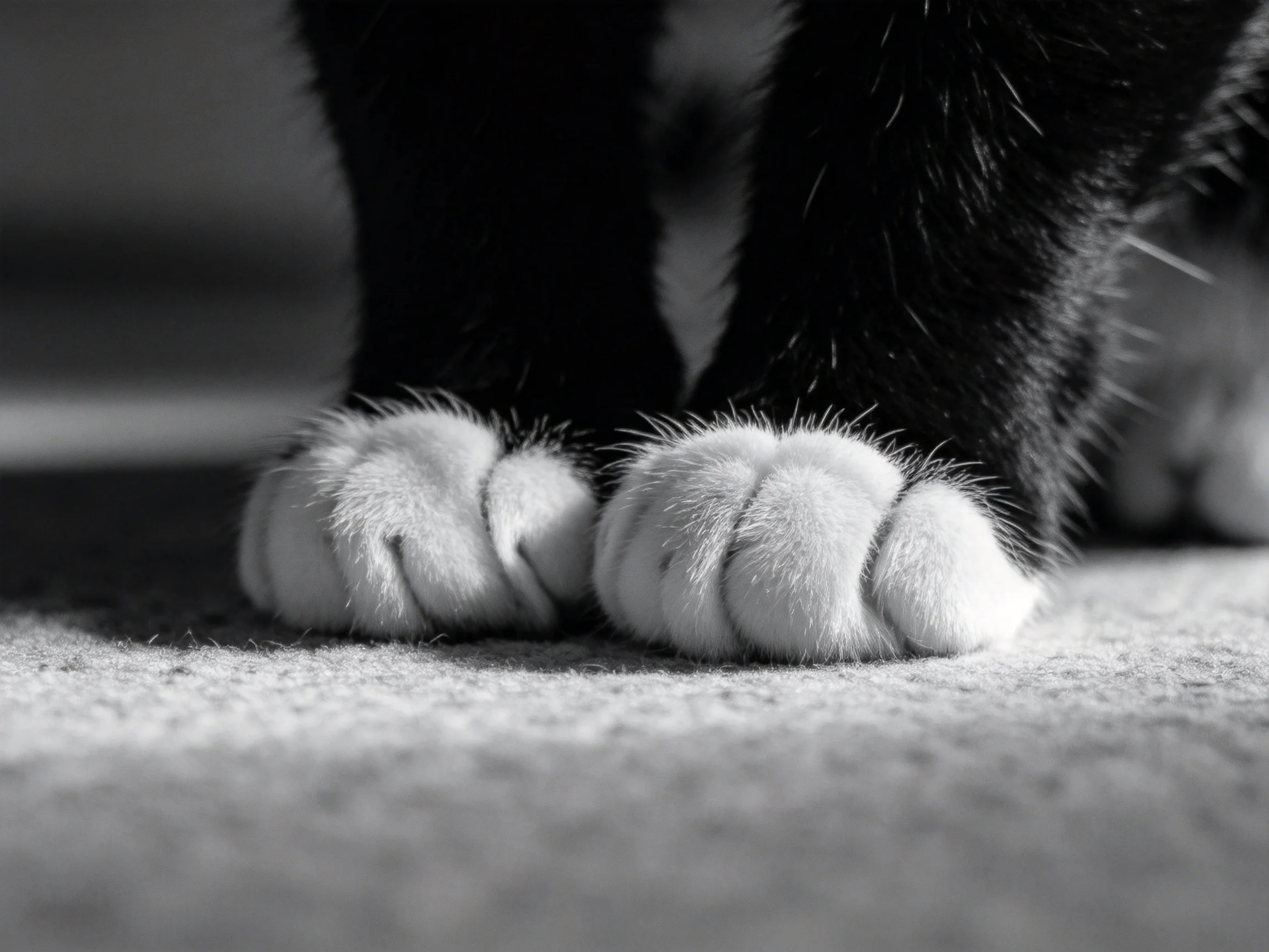 A close-up of two fluffy white cat paws on a carpet.