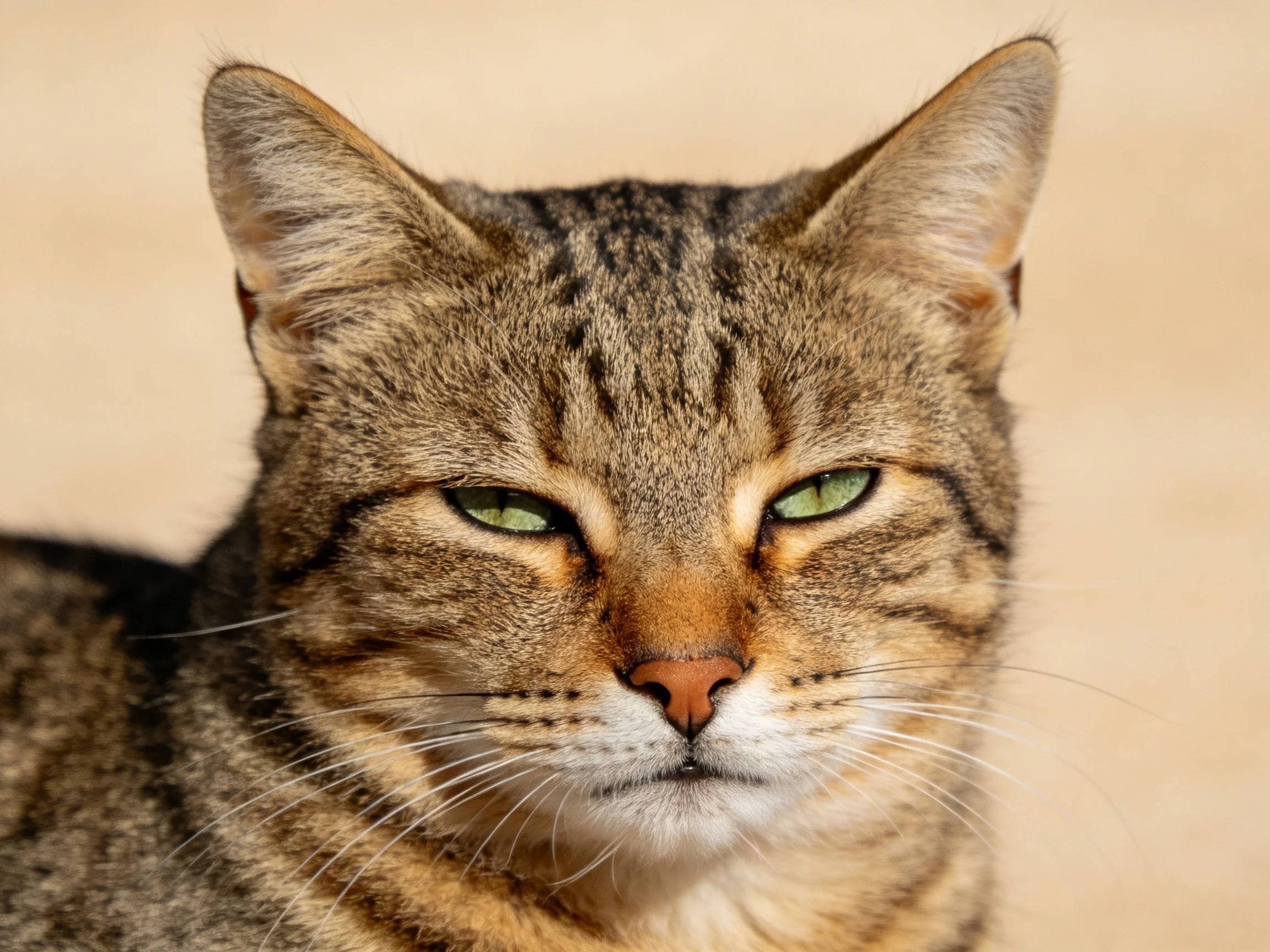 A brown tabby cat with green eyes is featured in a close-up.