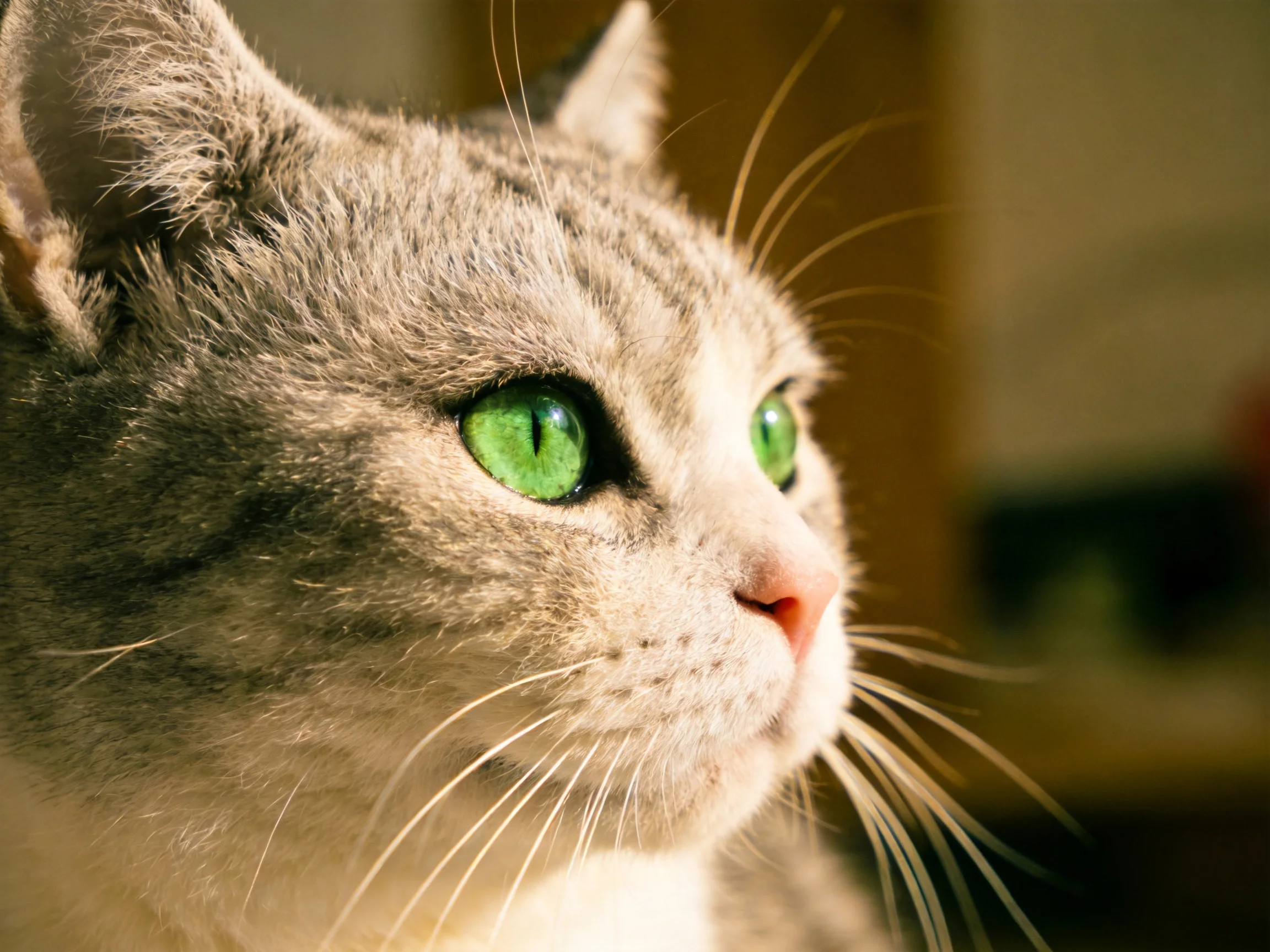 A gray cat with bright green eyes is shown in a close-up.