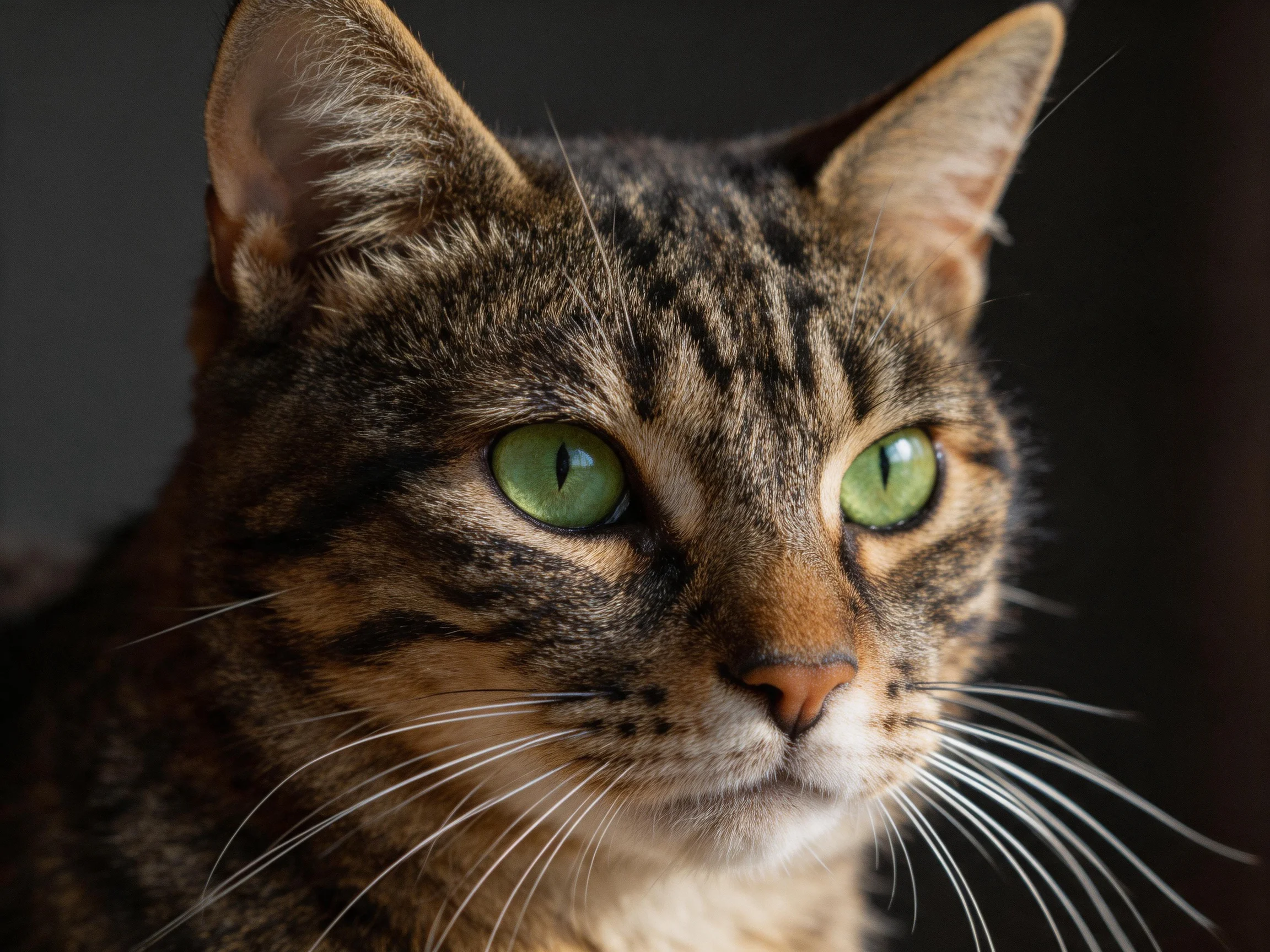 A close-up highlights a tabby cat’s striking green eyes and fur patterns.