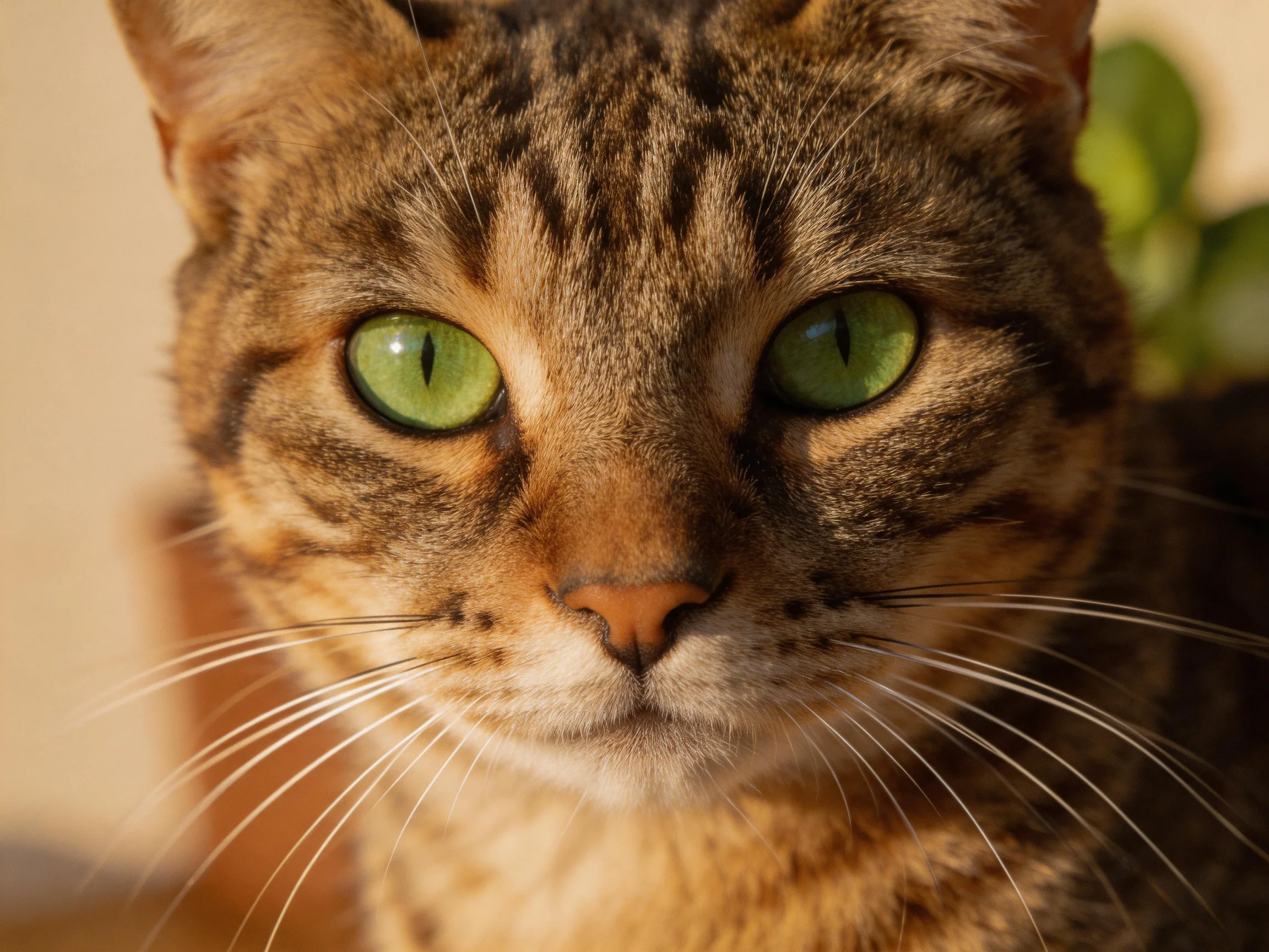 A tabby cat with bright green eyes is photographed up close.