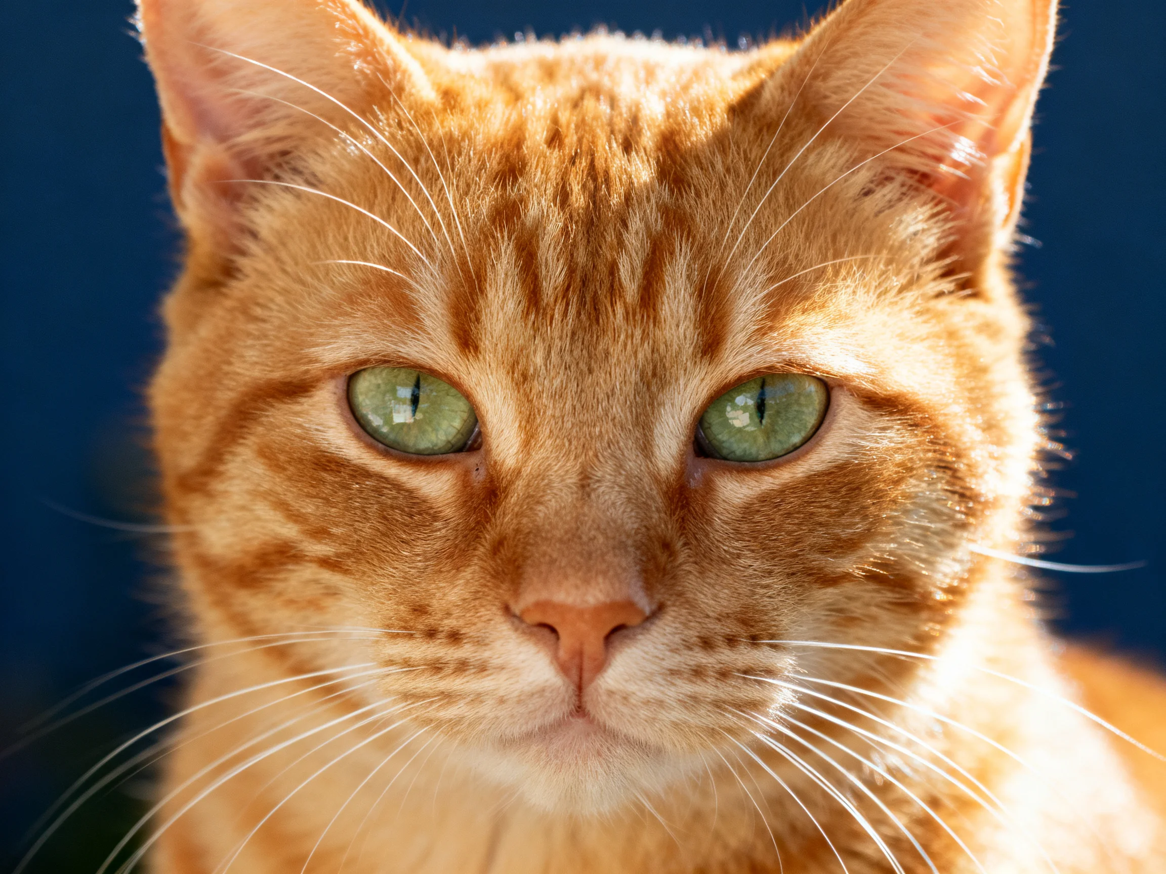 A close-up captures an orange tabby cat with vivid green eyes.
