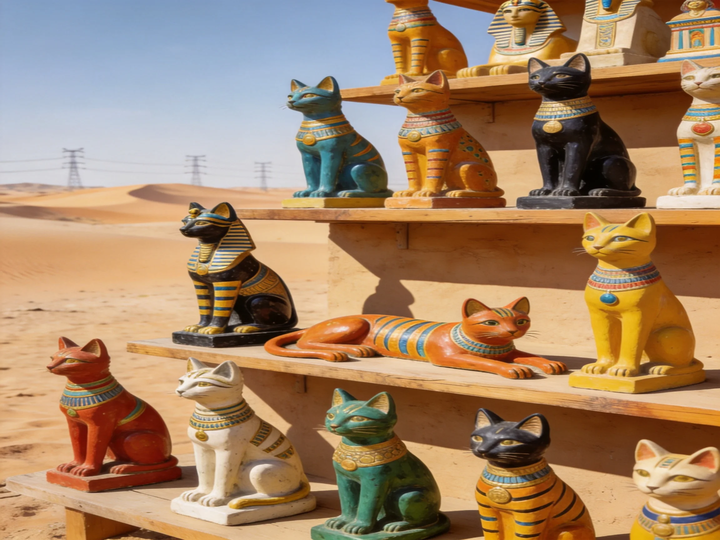 Colorful Egyptian-themed cat statues are displayed on wooden shelves in an outdoor desert setting.