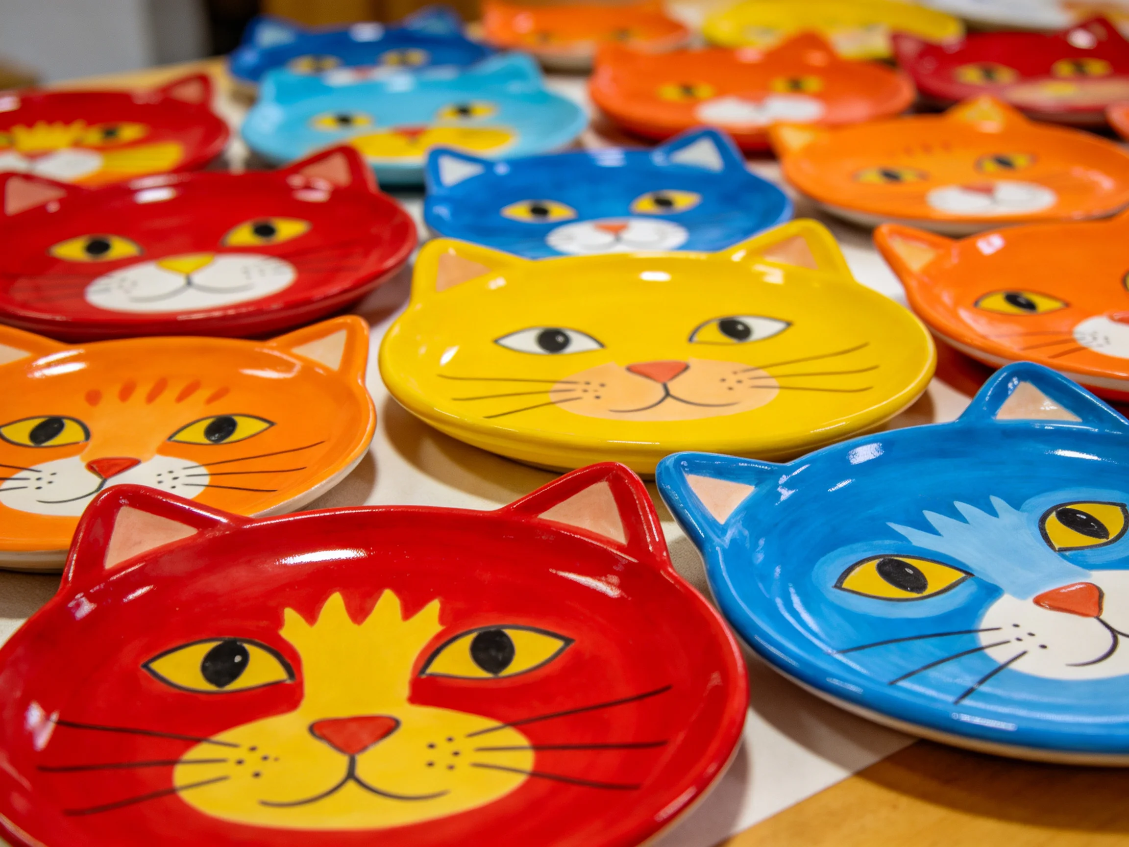 Colorful cat - shaped ceramic plates in diverse bright colors
