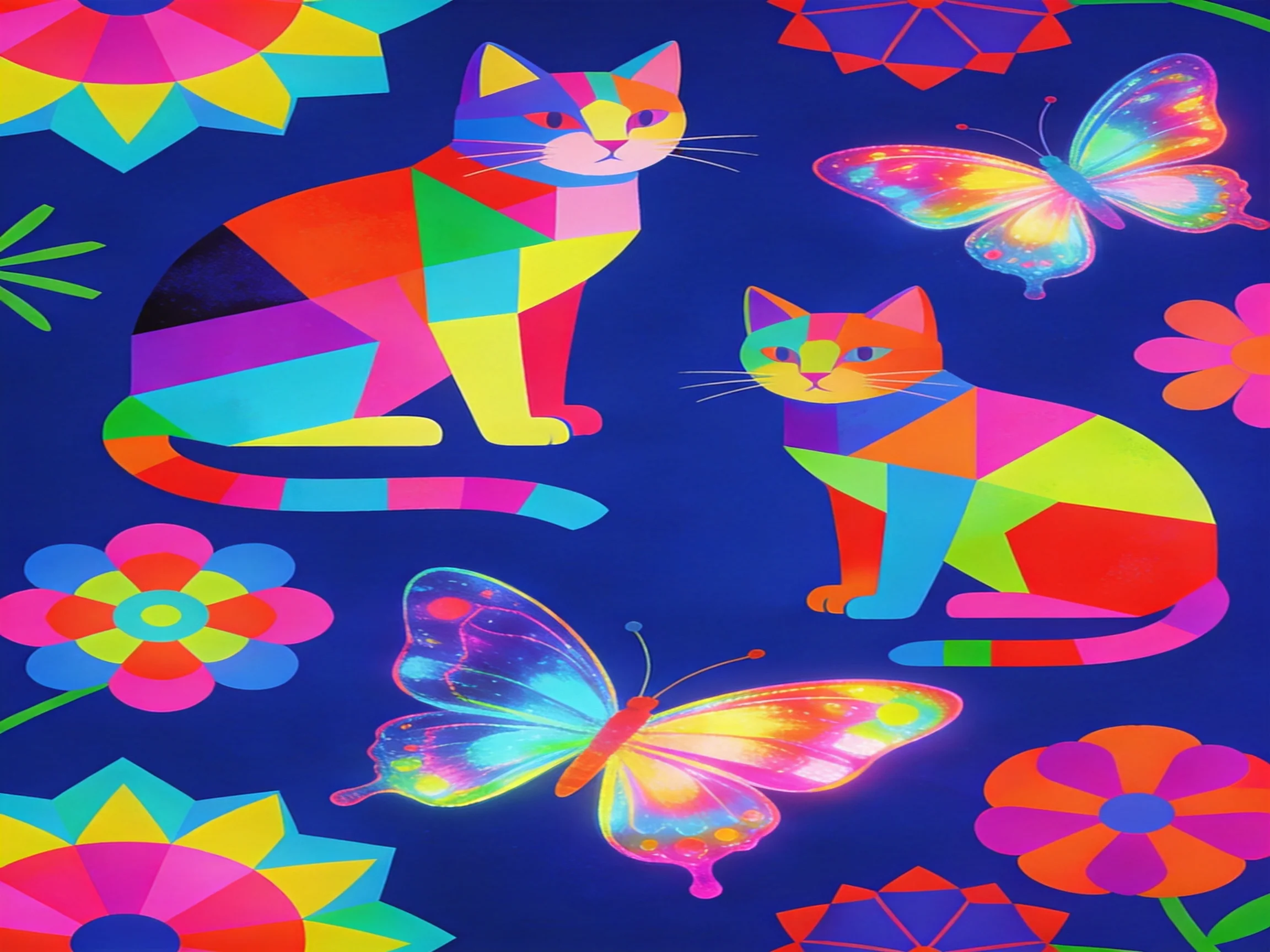 Colorful geometric cats, butterflies, and flowers on a dark blue backdrop