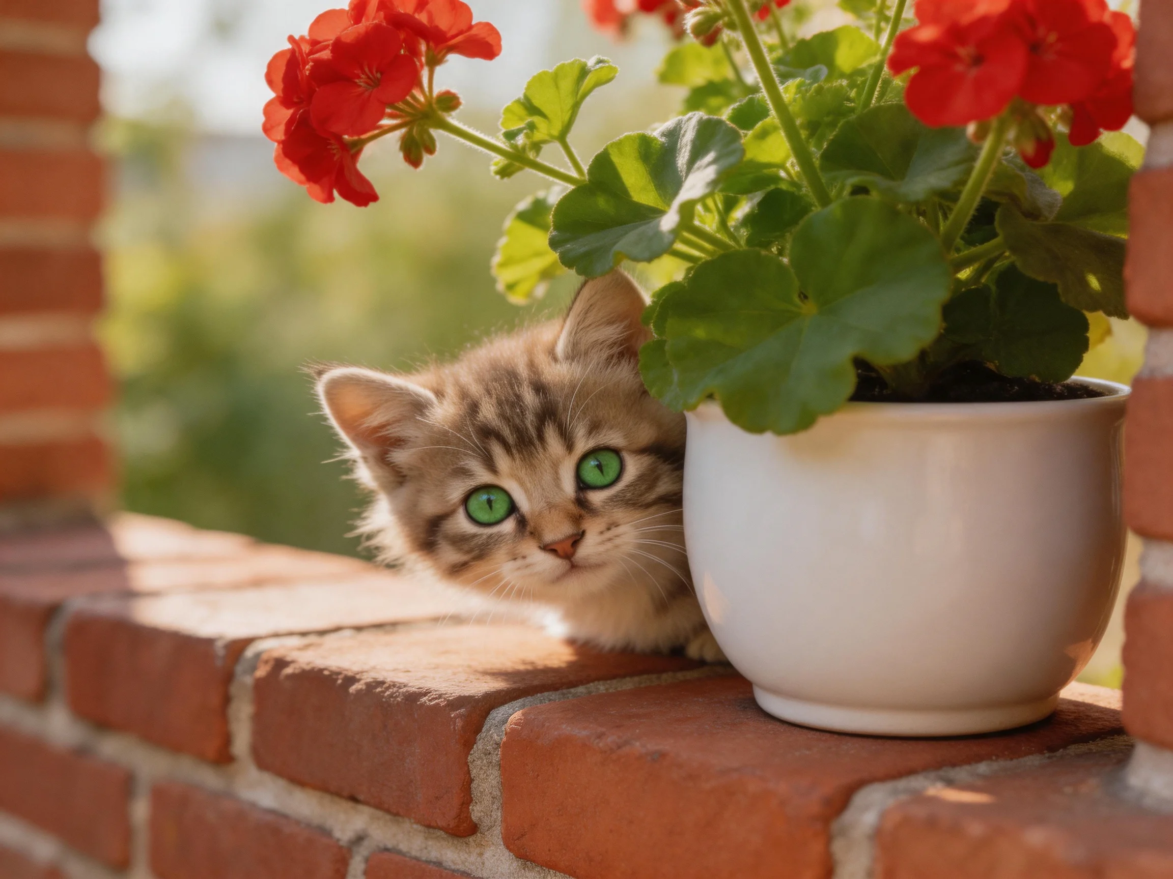 Curious kitten hides beside vibrant red flowers in a white pot by brick ledge