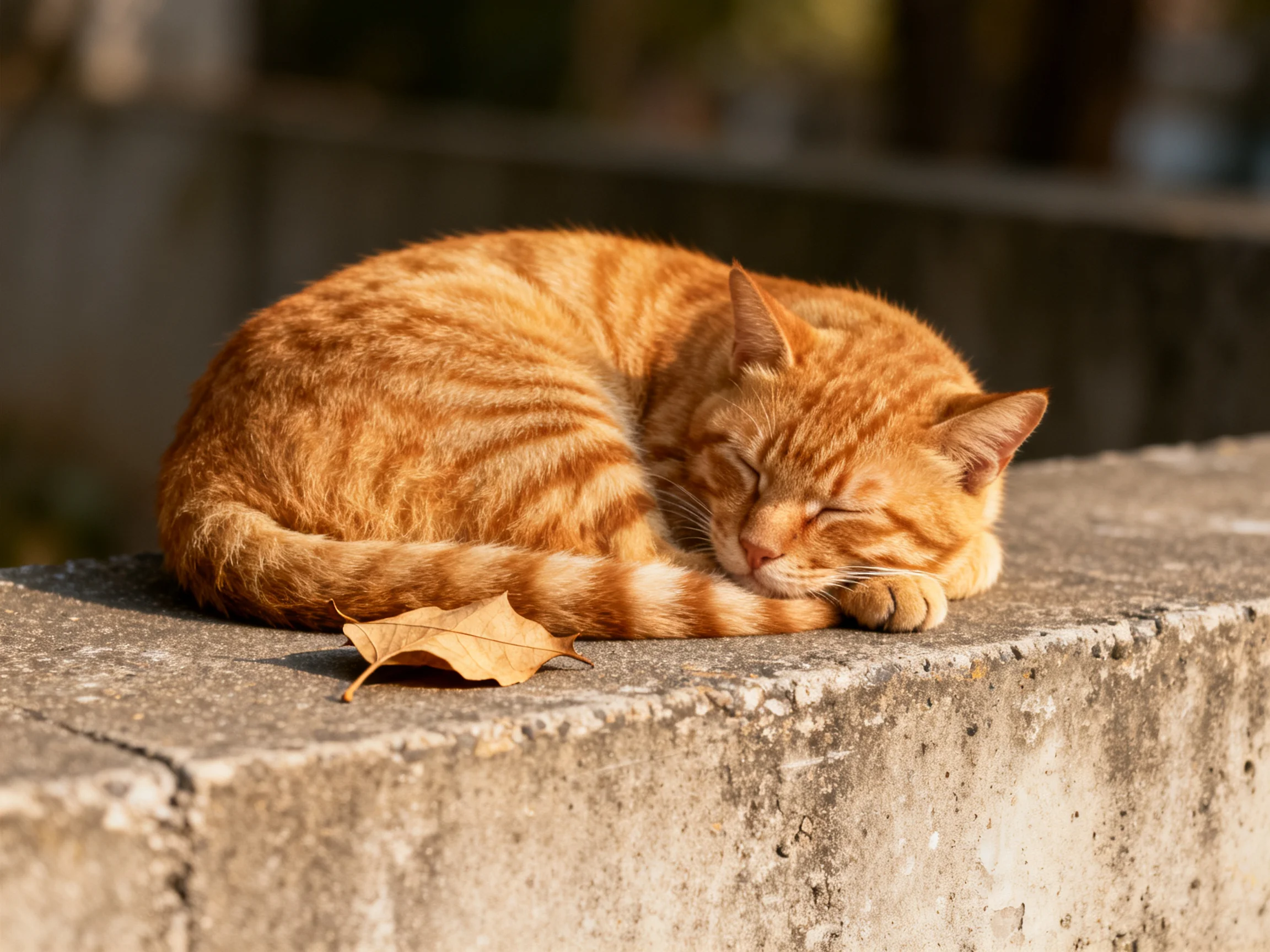 Curled orange tabby cat sleeps on weathered concrete ledge near dry leaf