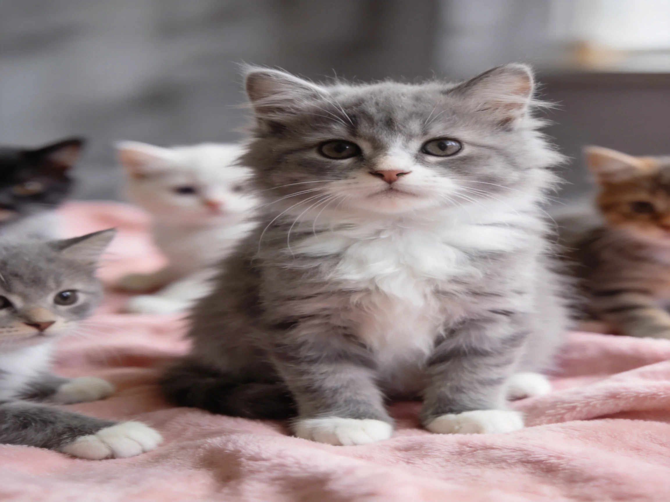 Five fluffy kittens of assorted colors rest on a soft pink blanket