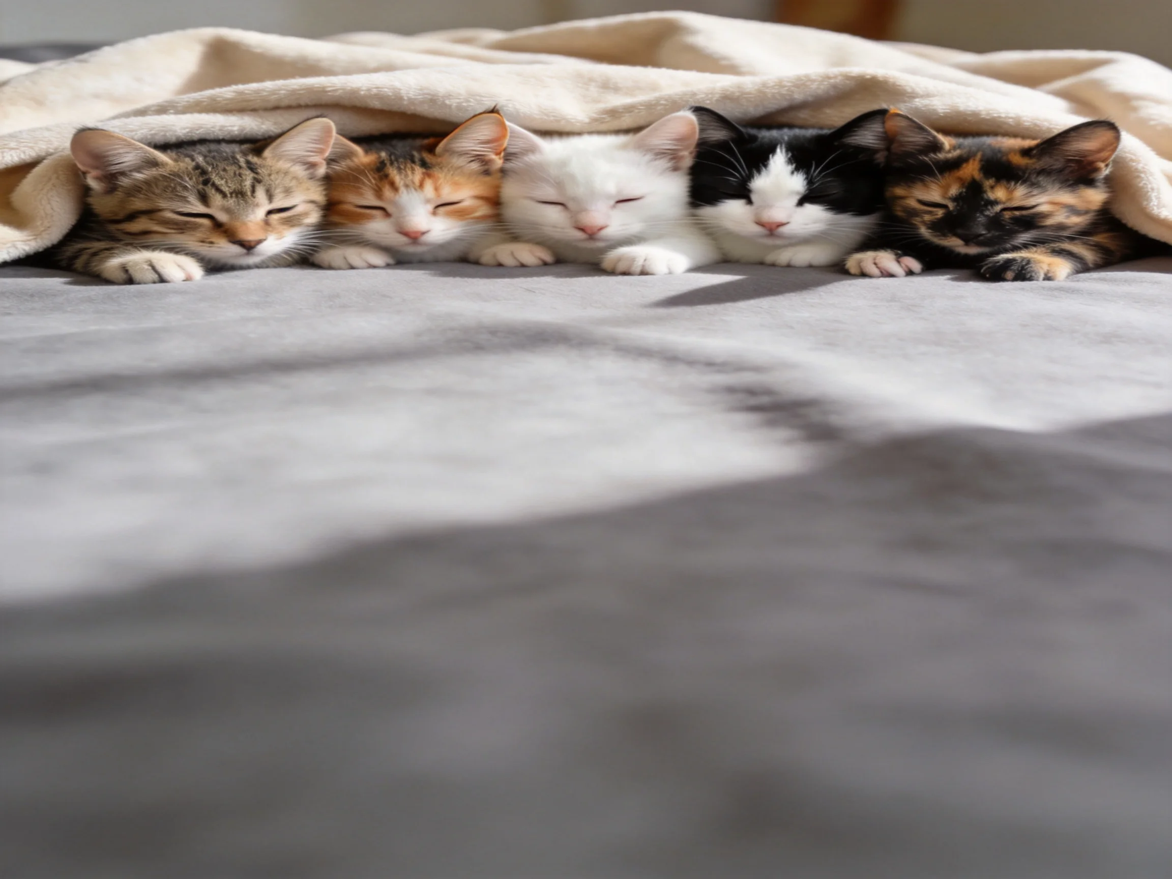 Five kittens in assorted colors napping under a beige blanket