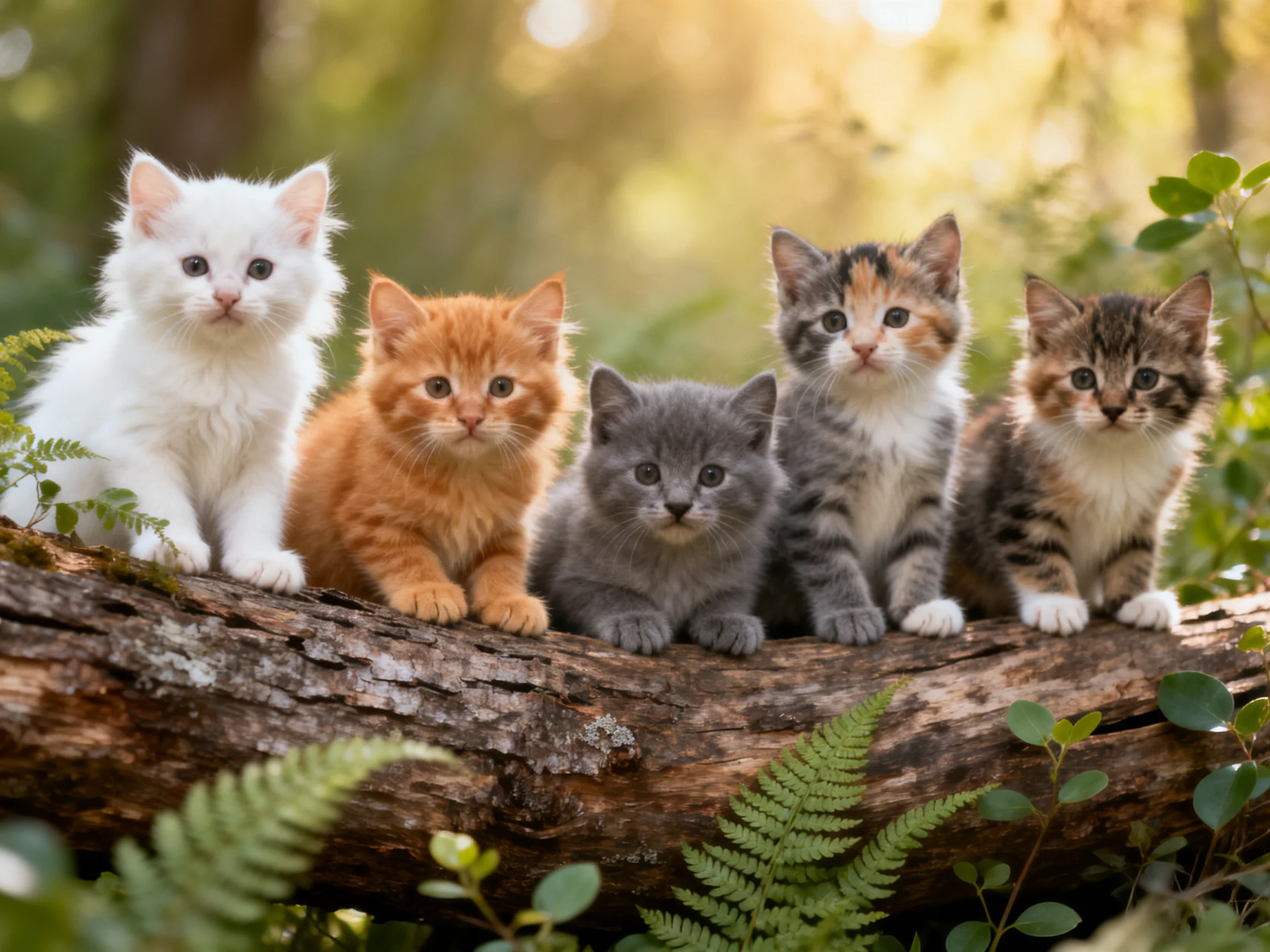Five kittens of diverse colors rest on a weathered tree trunk