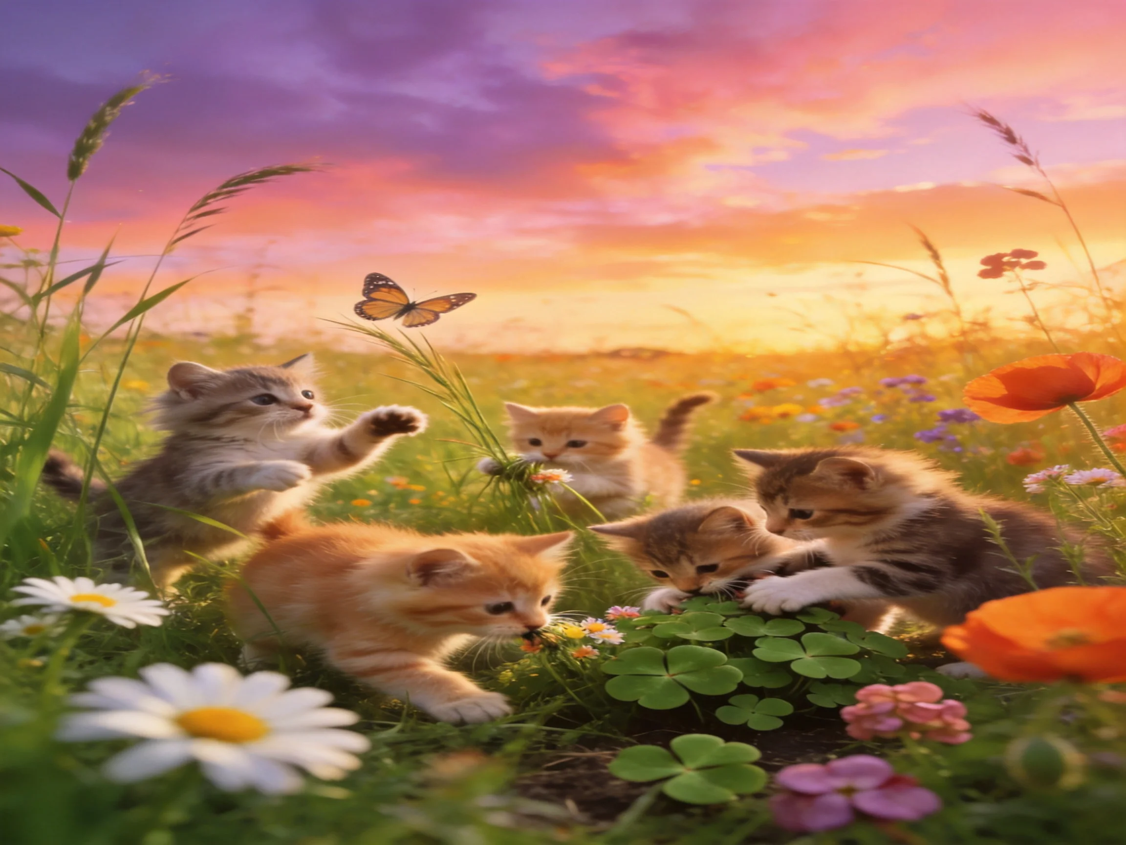 Five playful kittens explore a vibrant flower-filled meadow at sunset