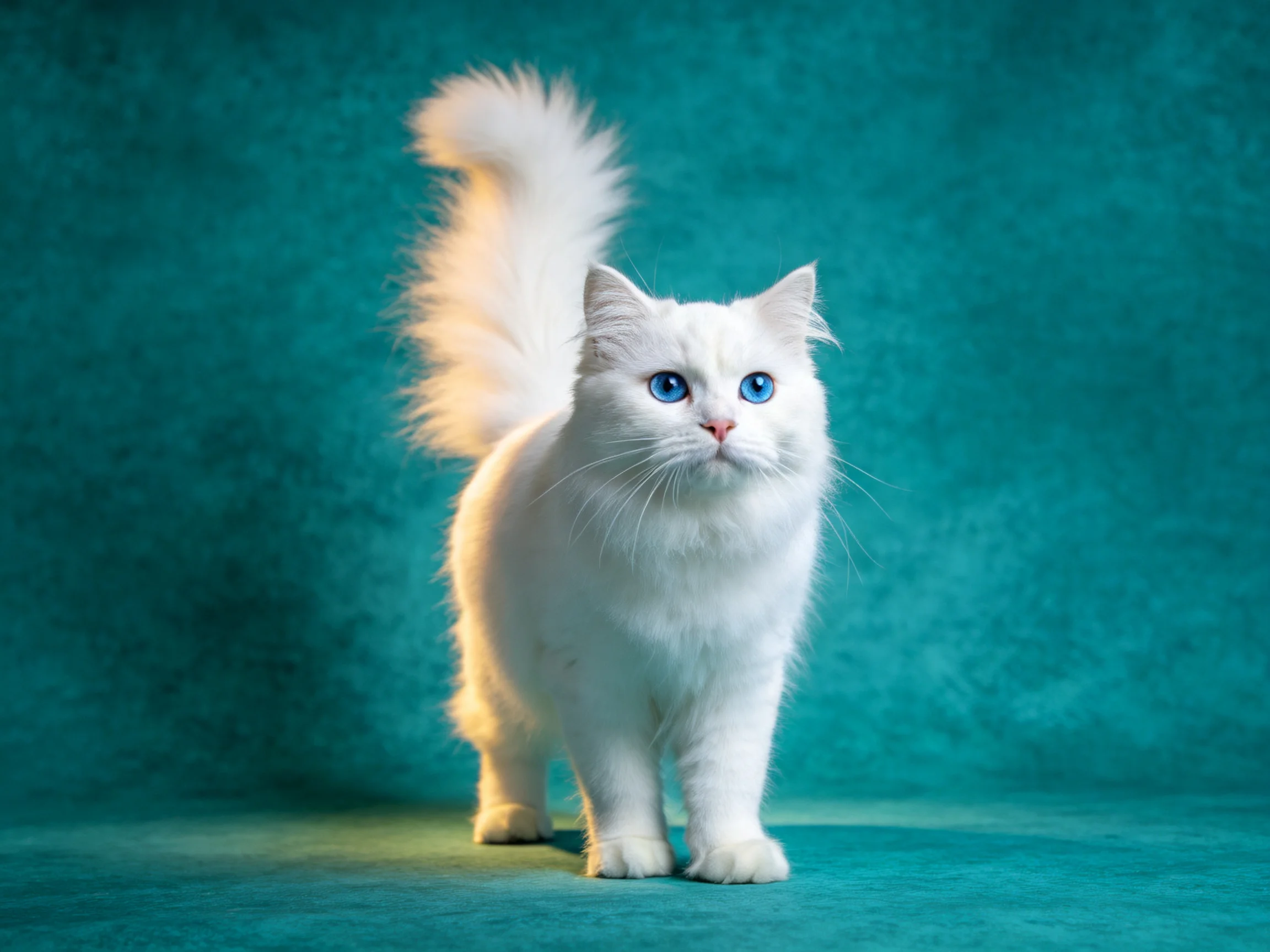 A white cat with blue eyes stands on a teal surface.