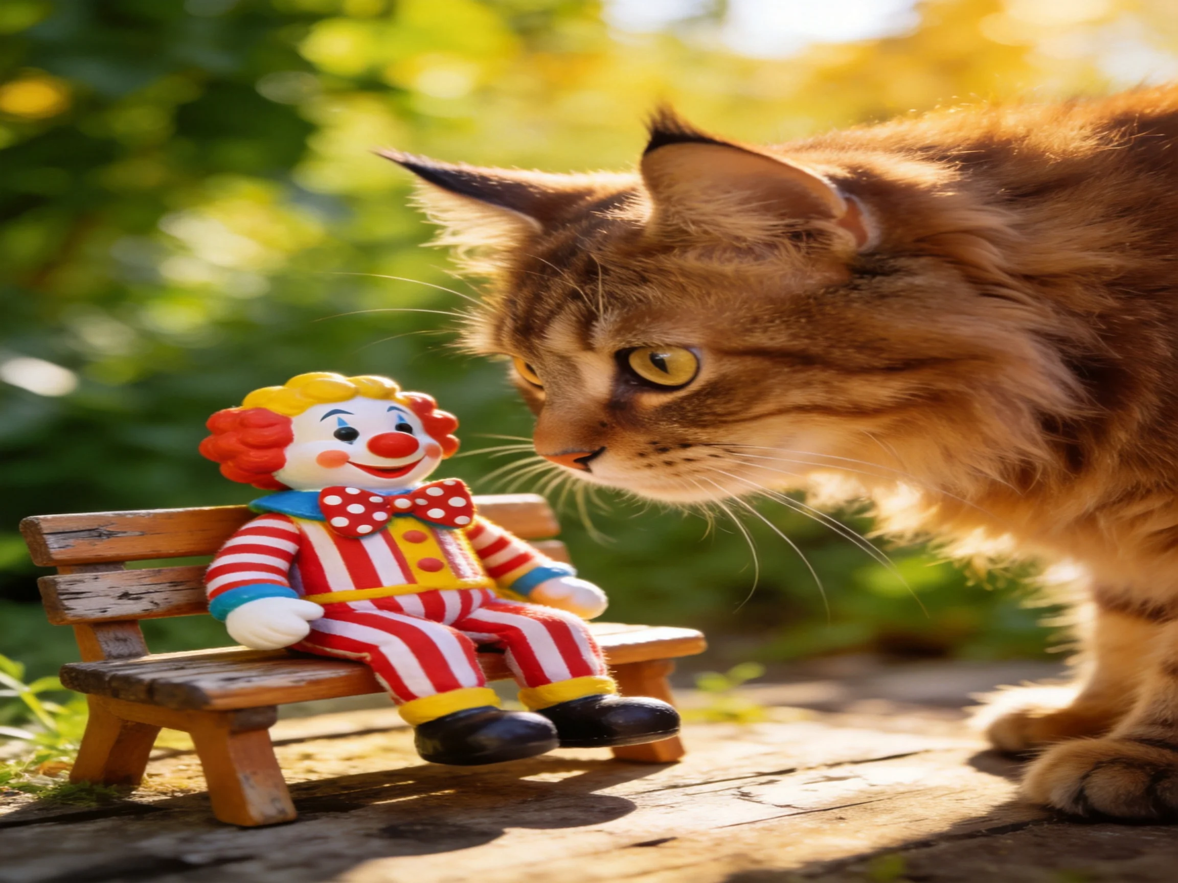 Fluffy brown cat inspects clown doll on wooden bench outdoors