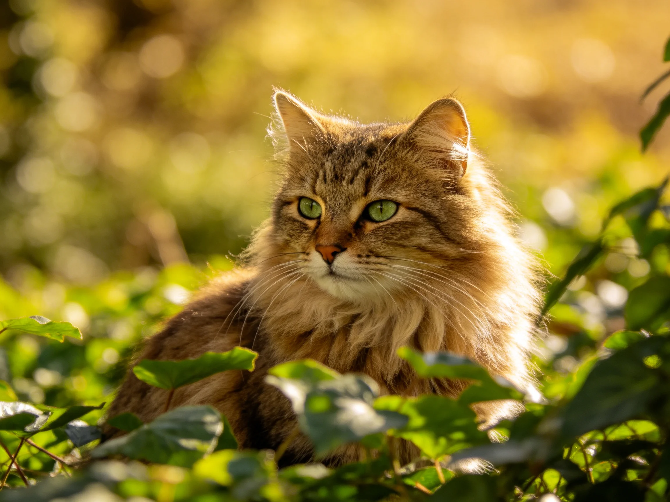 A fluffy brown cat with green eyes sits among green foliage in a sunlit setting.