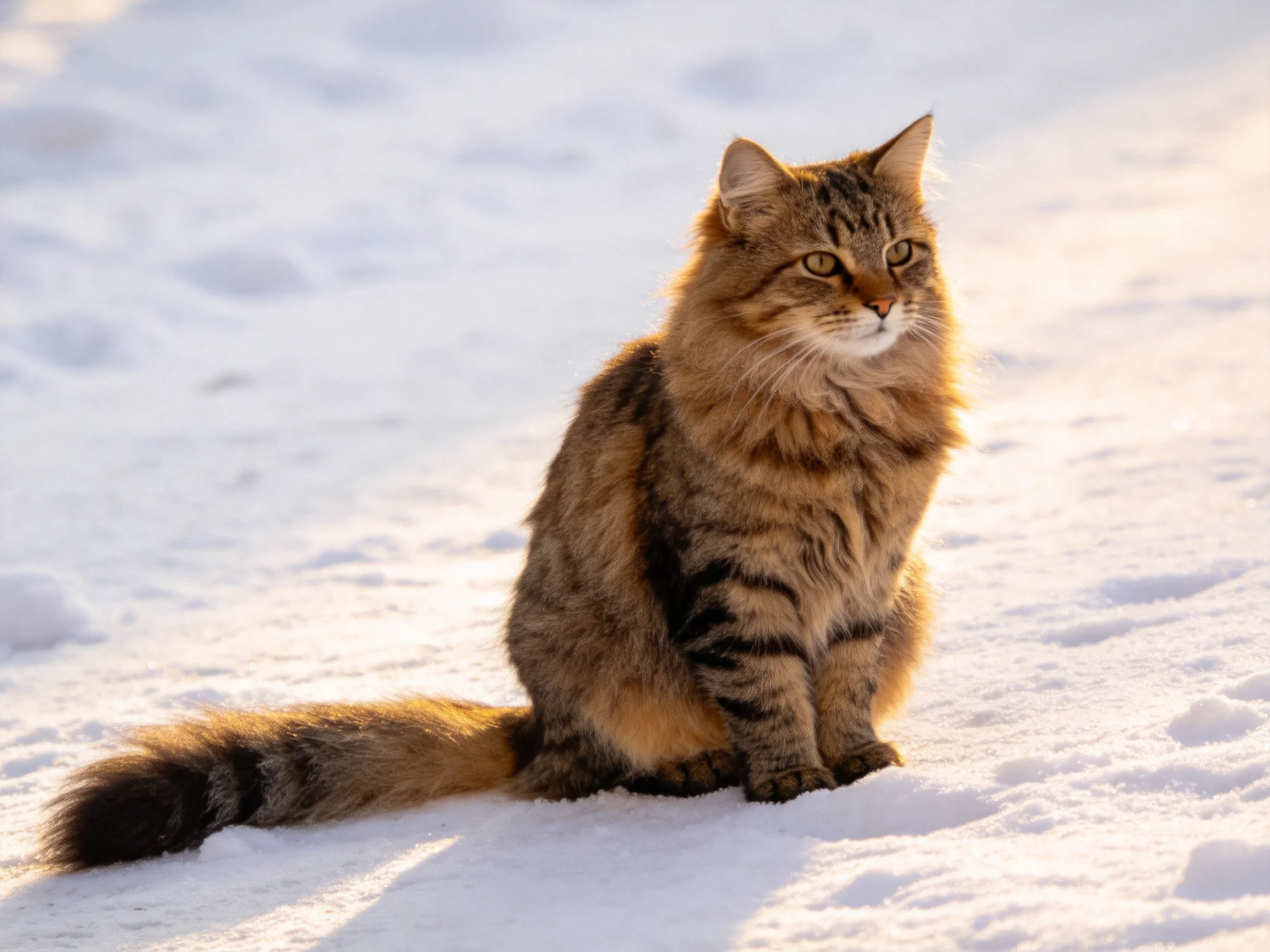 A fluffy brown tabby cat sits on bright snowy terrain.