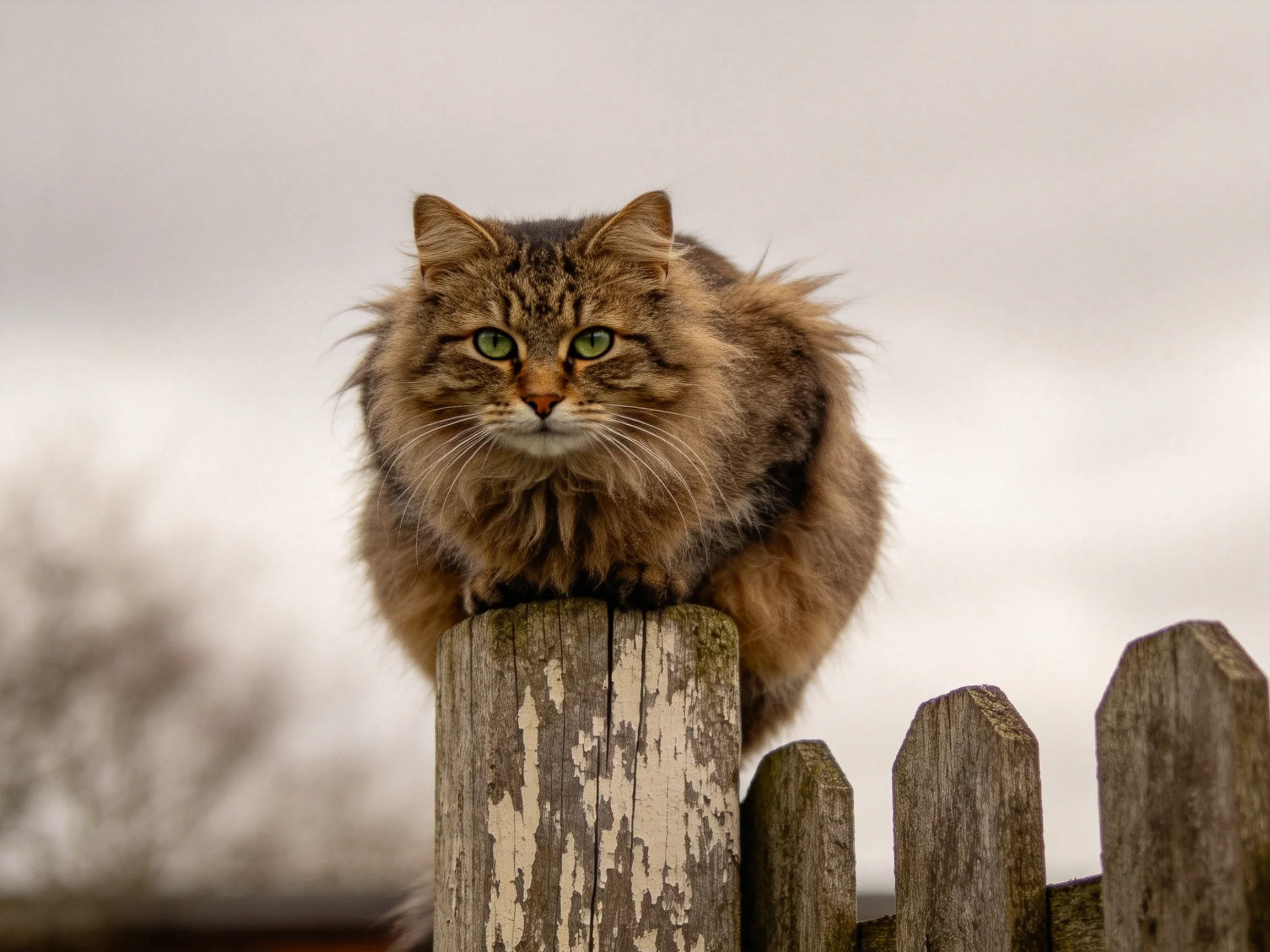 A fluffy brown tabby cat rests on a weathered wooden fence post.