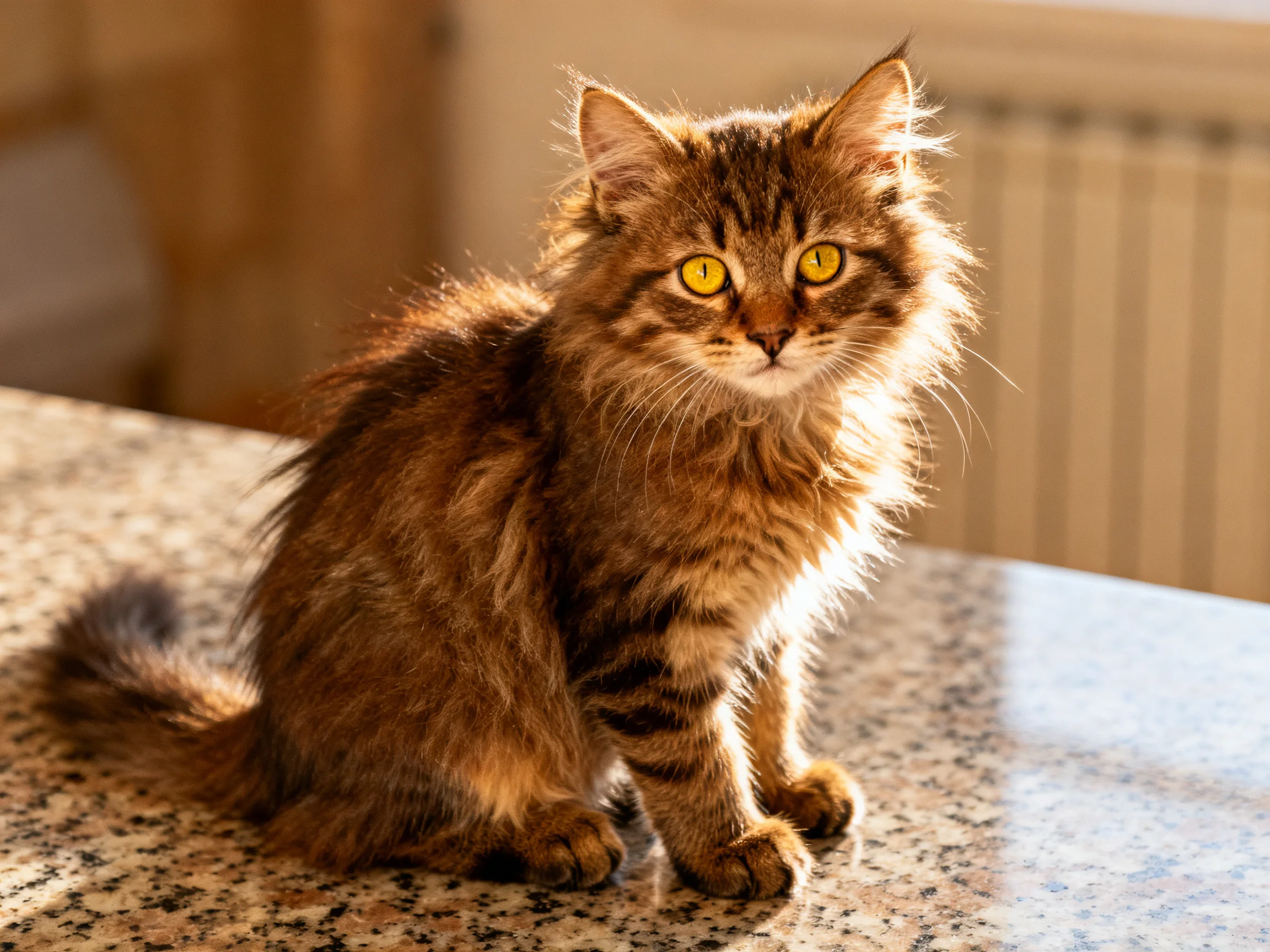 A fluffy brown tabby kitten with bright yellow eyes sits on a speckled countertop.