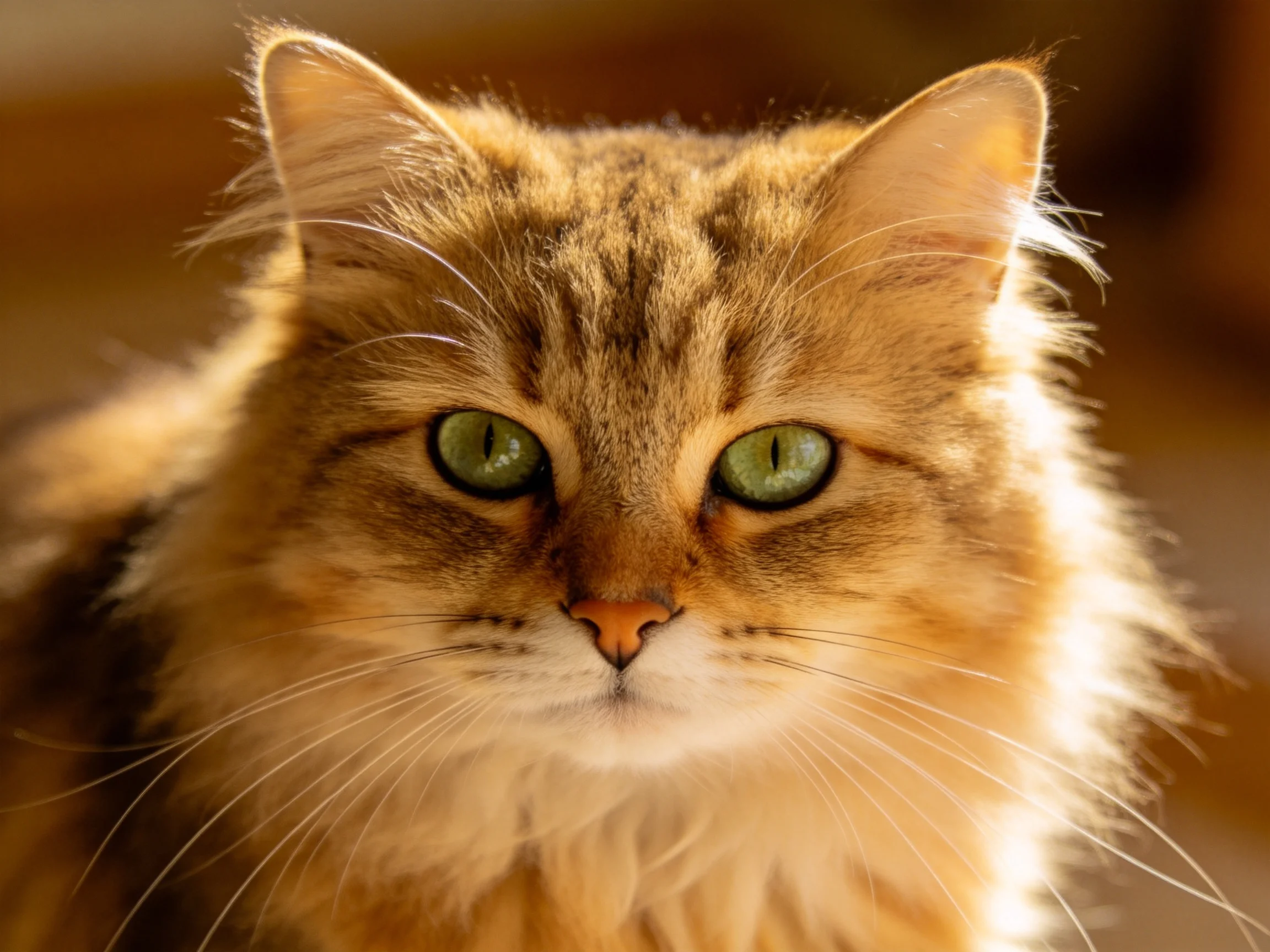 A fluffy golden-brown tabby cat with bright green eyes gazes calmly.