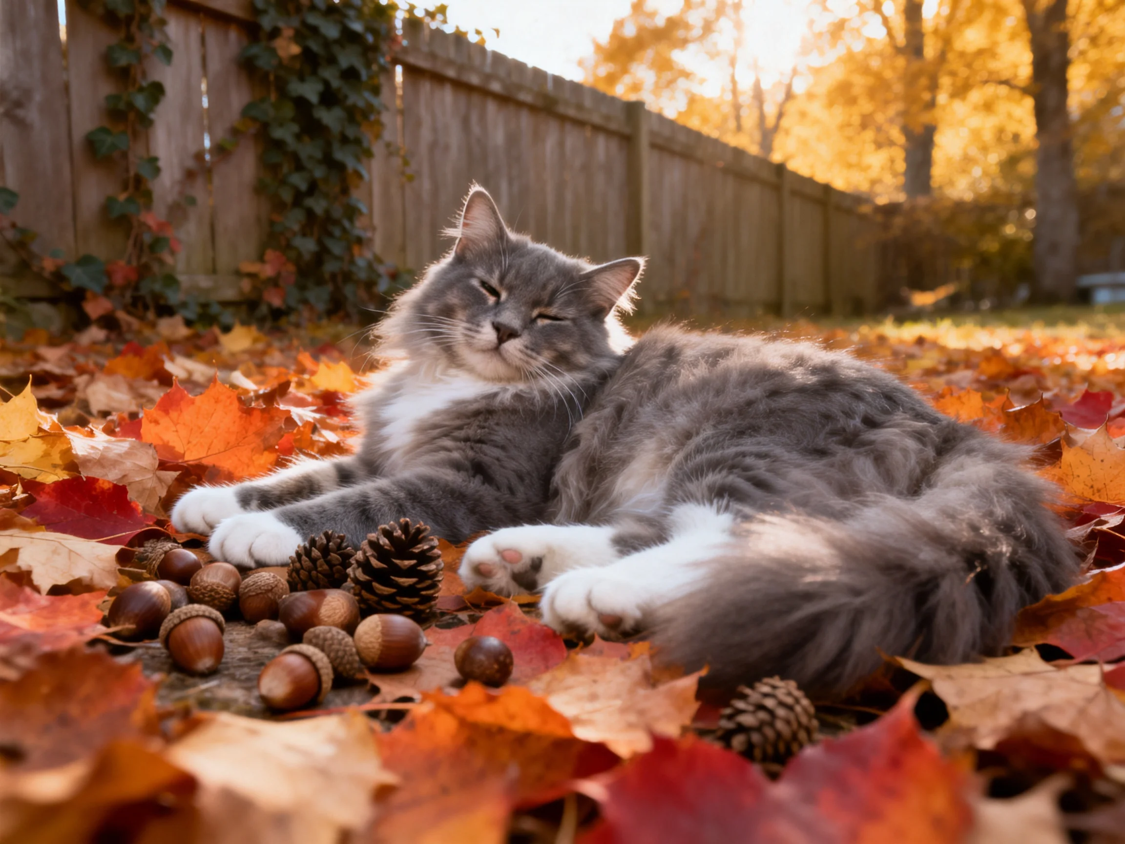 A gray cat relaxes among autumn leaves, acorns, and pinecones in a backyard.
