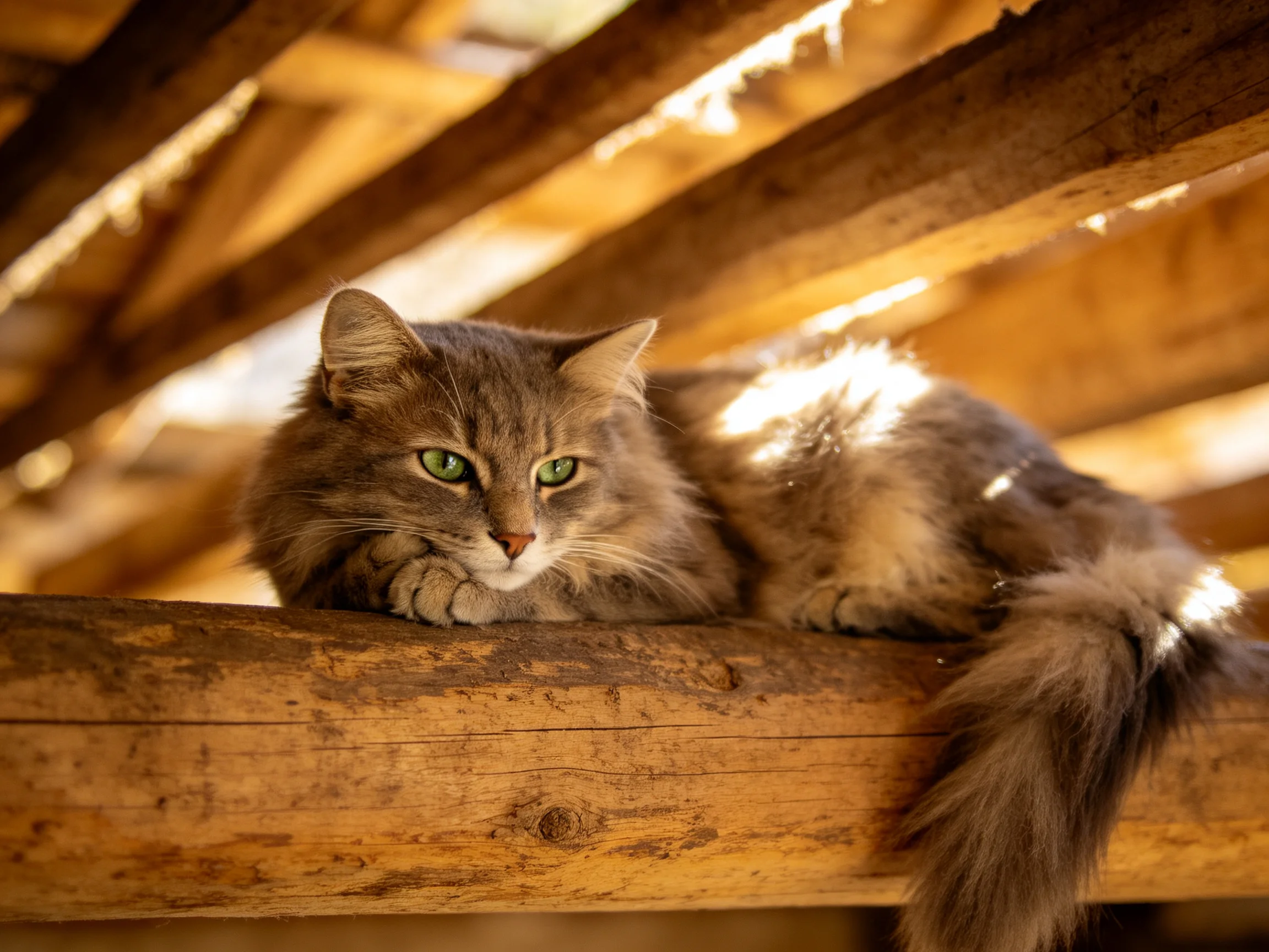 Fluffy gray cat resting on weathered wood beams in golden sunlight