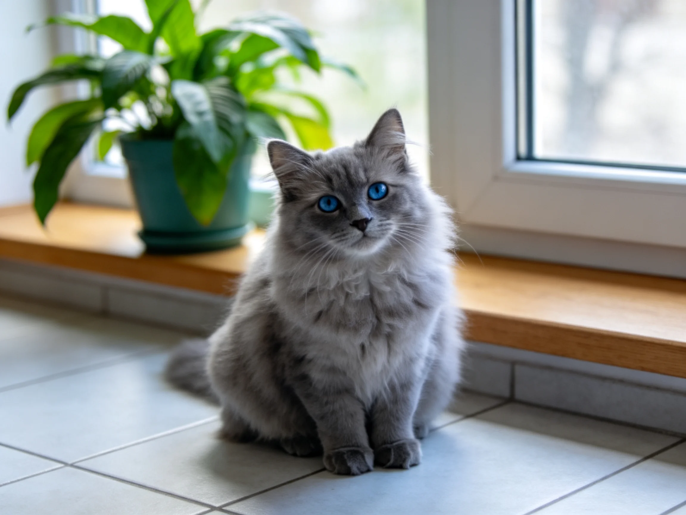 Gray cat with blue eyes sits near a window beside a green potted plant