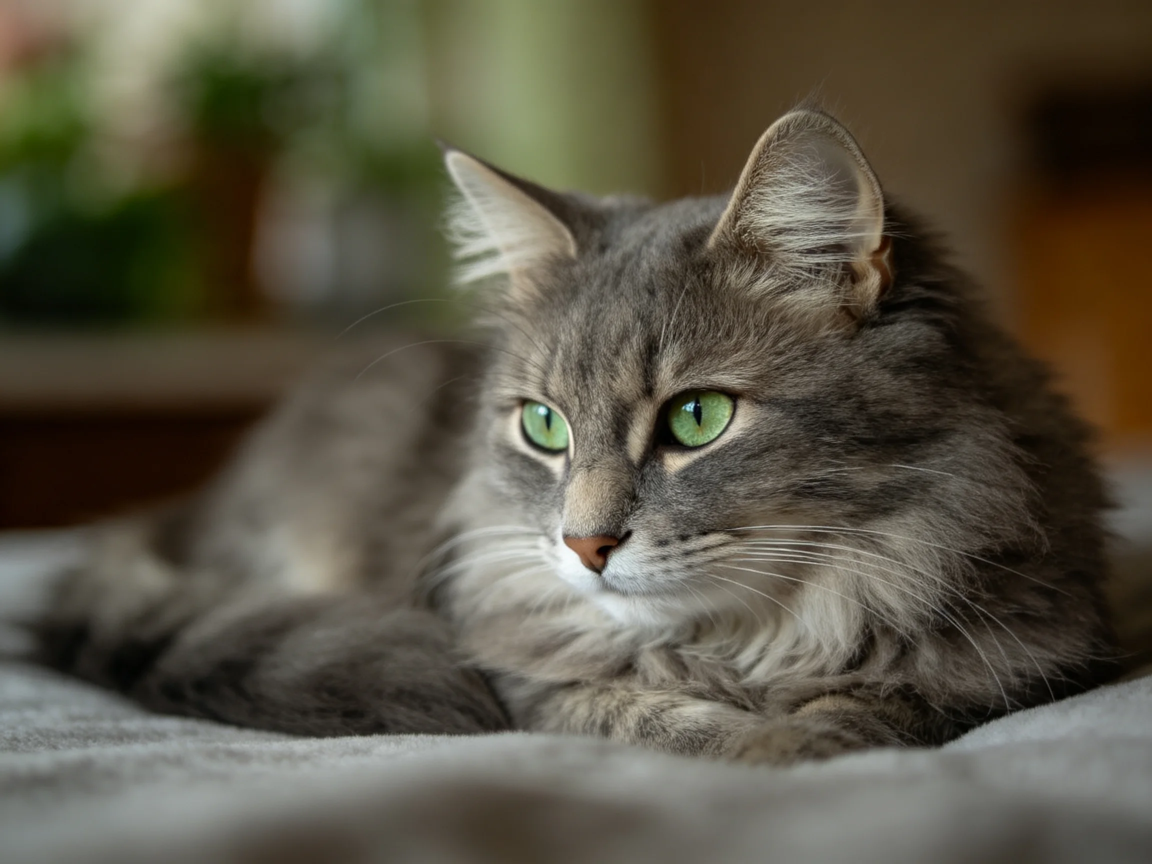 A gray cat with green eyes rests on a soft bed.