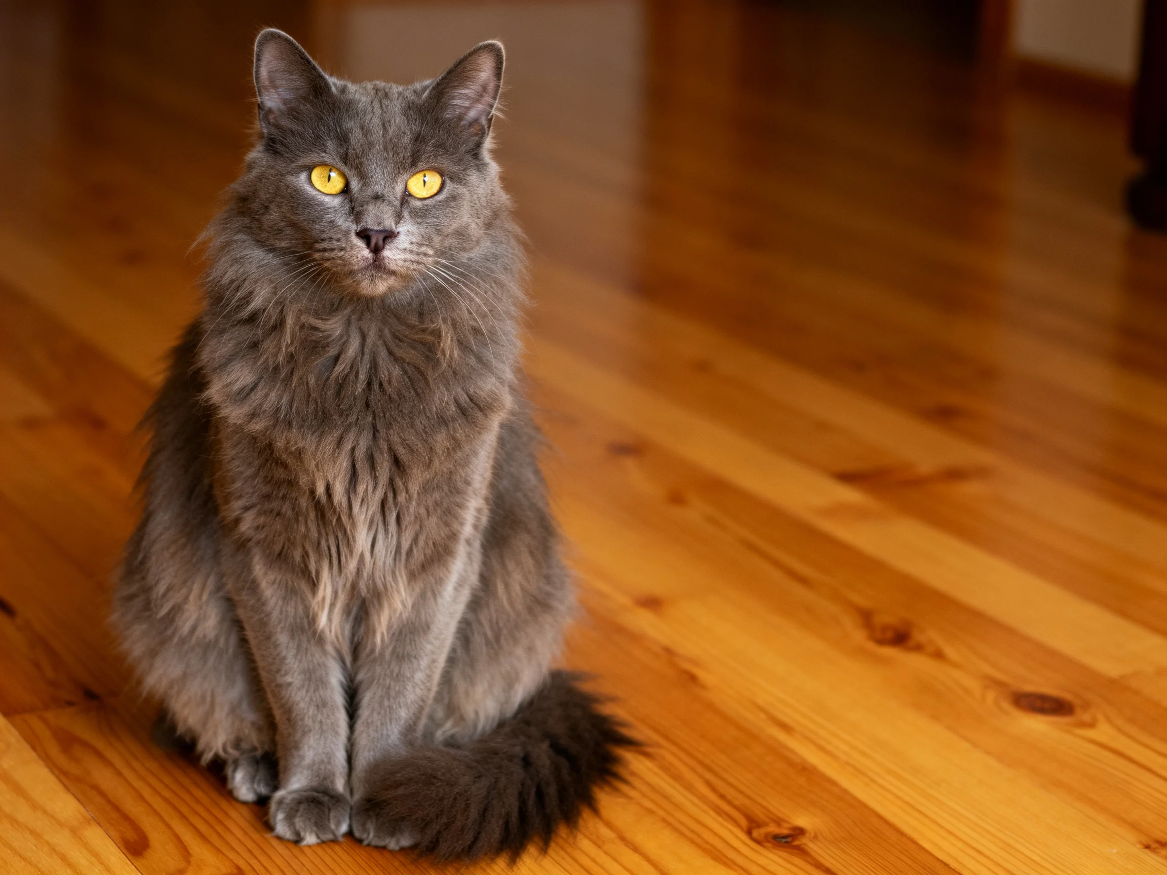 A gray cat with yellow eyes sits on a wooden floor.